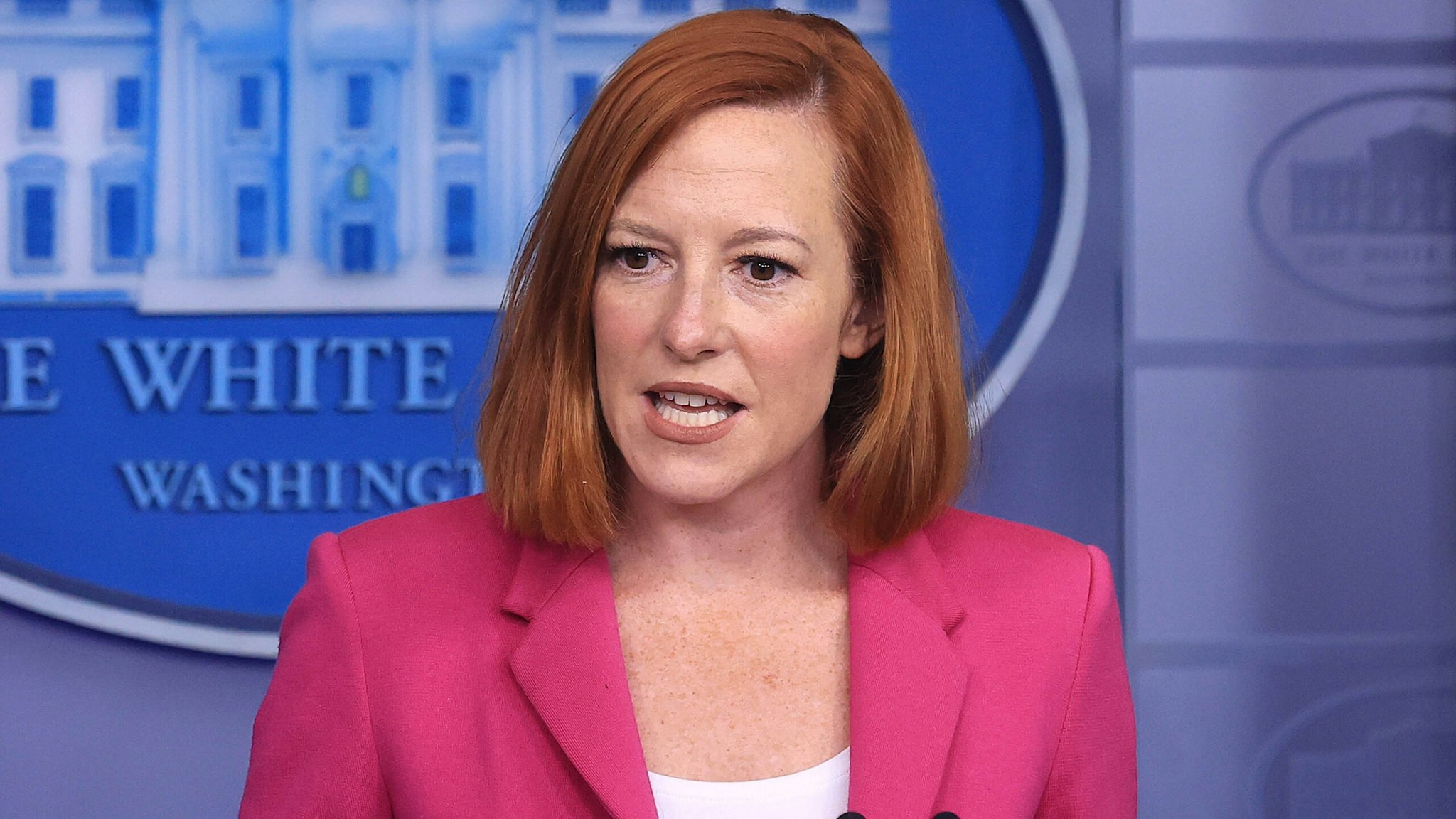 WASHINGTON, DC - OCTOBER 22: White House Press Secretary Jen Psaki talks to reporters in the Brady Press Briefing Room at the White House on October 22, 2021 in Washington, DC. Psaki fielded questions about U.S. policy toward Taiwan, the ongoing negotiations with Congress over the Build Back Better legislation, the Republican opposition to election reform, President Biden's upcoming trip to Europe and other topics.