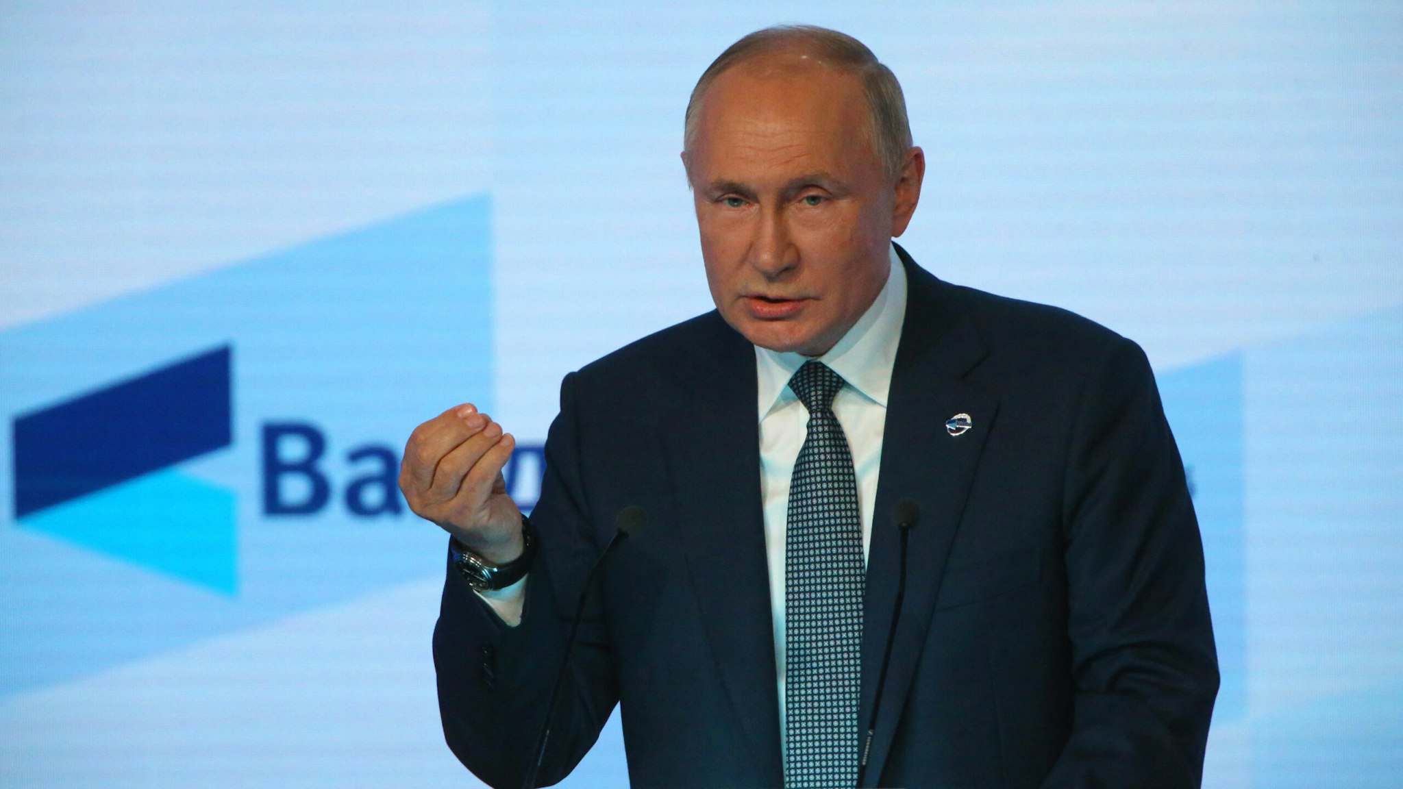 SOCHI, RUSSIA - OCTOBER 21 (RUSSIA OUT): Russian President Vladimir Putin attends the Valdai Discussion Club's plenary meeting, on October 21, 2021, in Sochi, Russia. Vladimir Putin took part in the annual meeting of political scientists on foreign policy held in the Black Sea resort of Sochi.