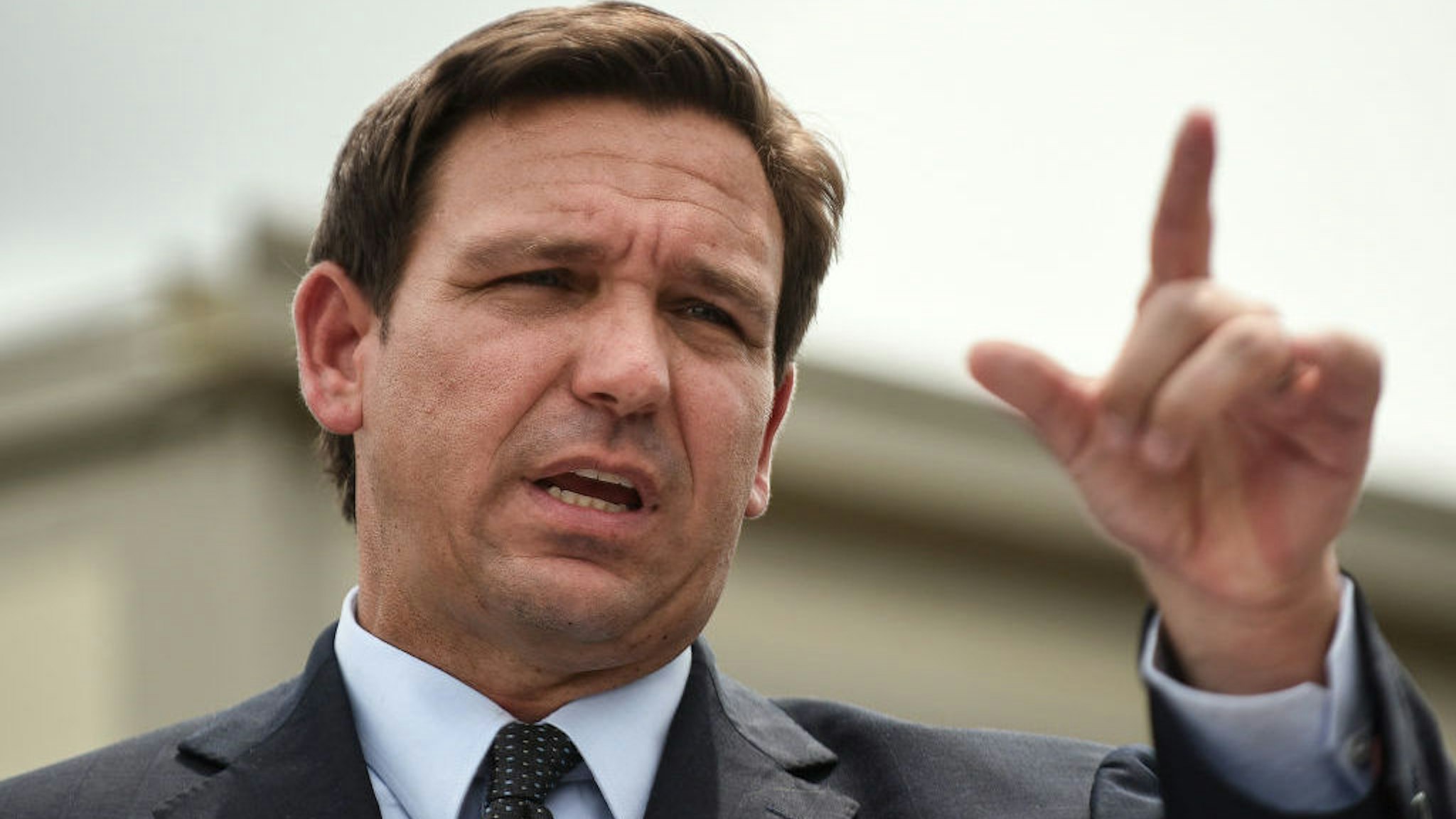 ORLANDO, FLORIDA, UNITED STATES - 2021/08/16: Florida Governor, Ron DeSantis holds a press conference to announce the opening of a monoclonal antibody treatment site to help COVID-19 patients recover at Camping World Stadium in Orlando. DeSantis stated that the site will offer the Regeneron treatment, and will operate 7 days a week, treating up to 320 patients a day. (Photo by Paul Hennessy/SOPA Images/LightRocket via Getty Images)