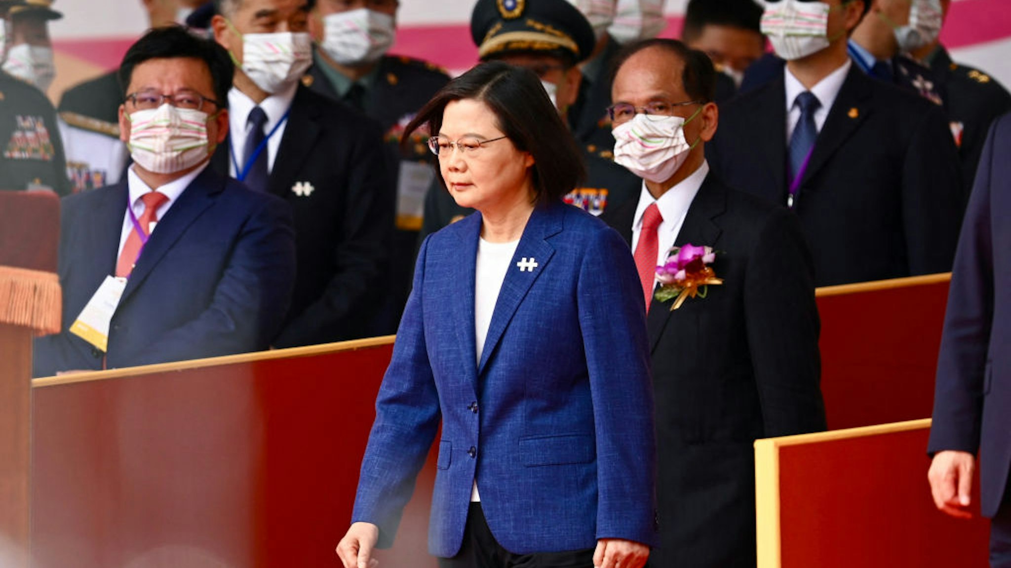 Taiwan's President Tsai Ing-wen attends national day celebrations in front of the Presidential Palace in Taipei on October 10, 2021.