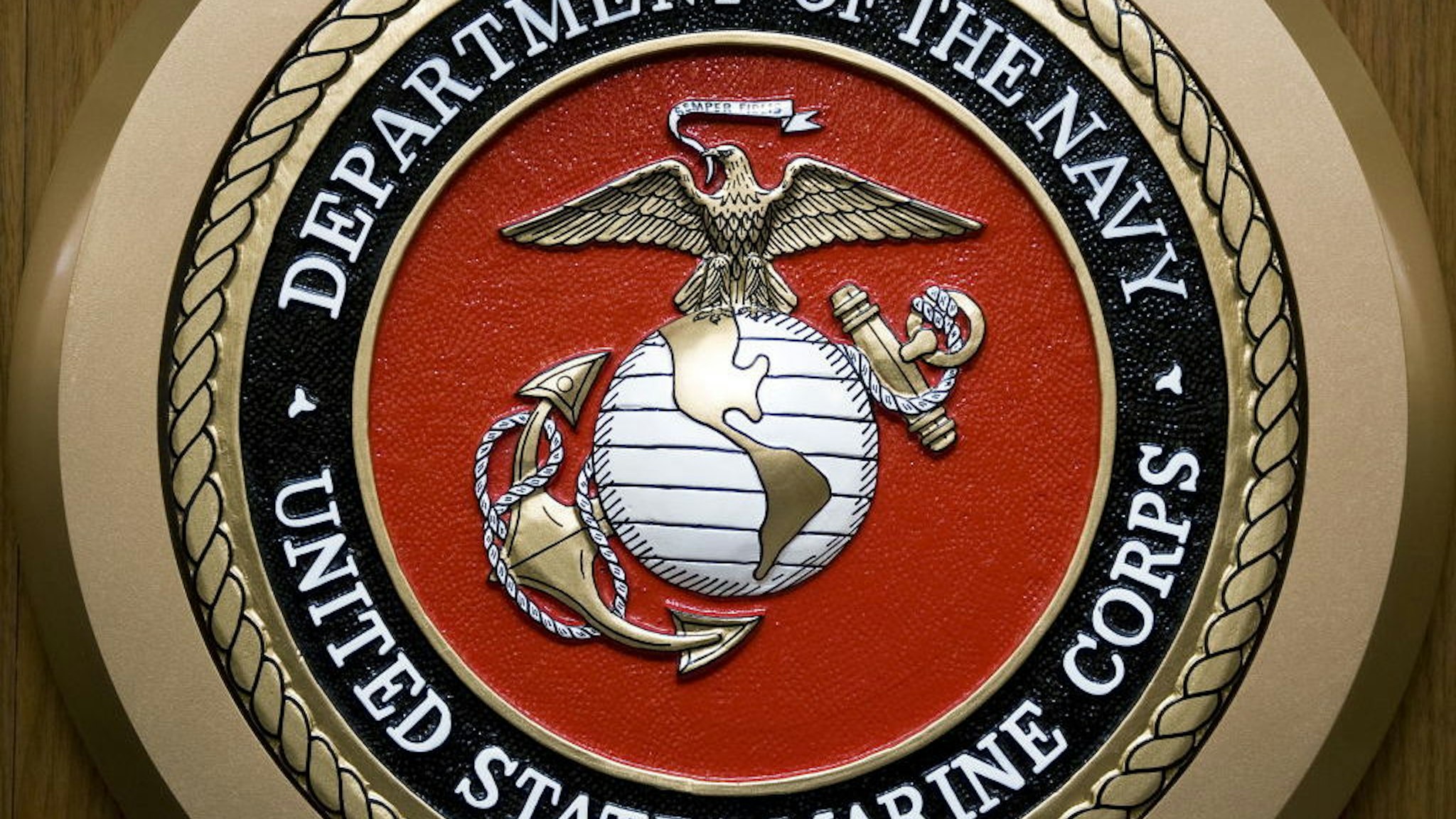 The US Department of the Navy, US Marine Corps, seal hangs on the wall February 24, 2009, at the Pentagon in Washington,DC. AFP Photo/Paul J. Richards / AFP PHOTO / Paul J. RICHARDS (Photo credit should read PAUL J. RICHARDS/AFP via Getty Images)
