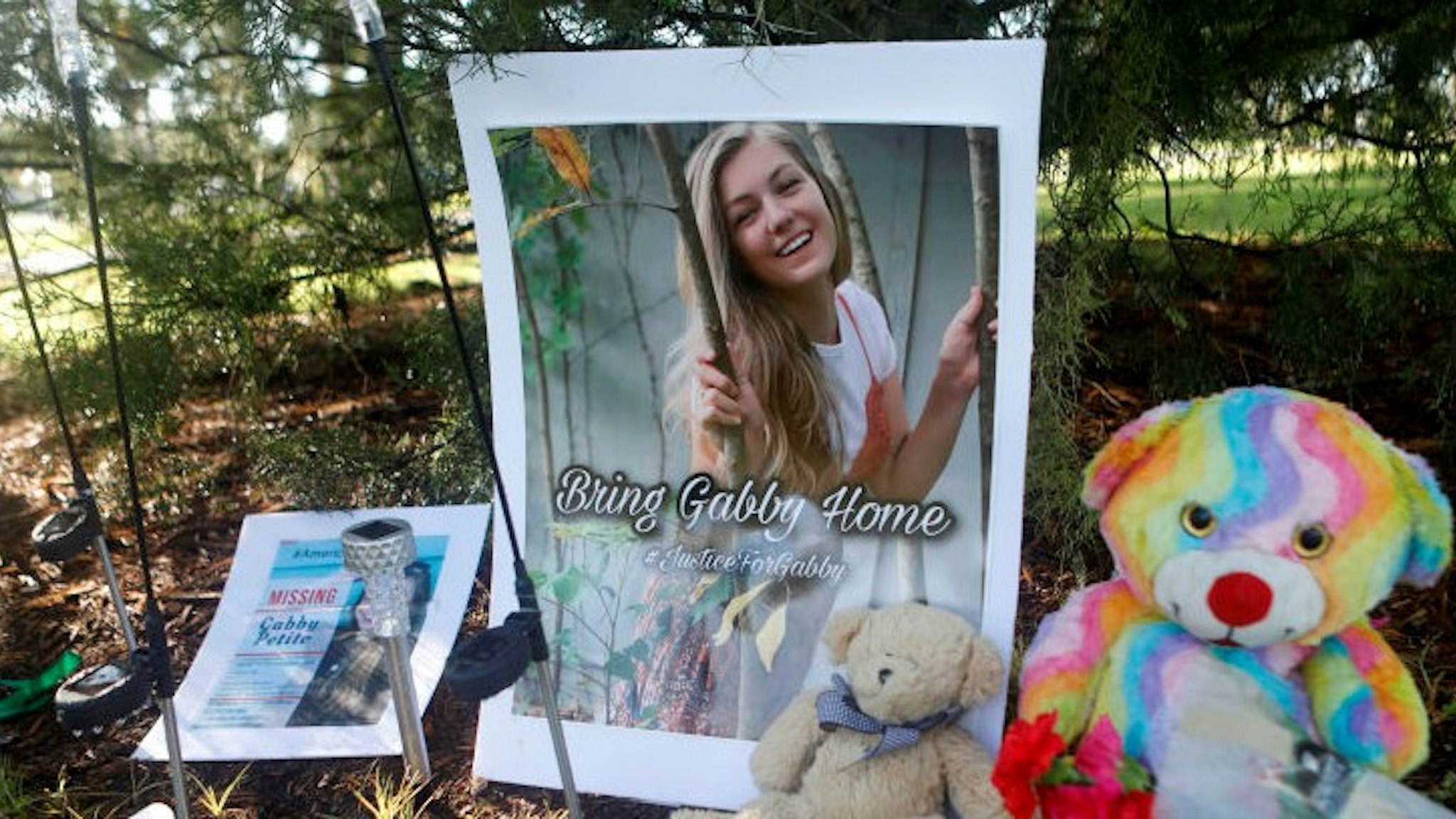 NORTH PORT, FL - SEPTEMBER 20: A makeshift memorial dedicated to missing woman Gabby Petito is located near City Hall on September 20, 2021 in North Port, Florida. A body has been found by authorities in Grand Teton National Park in Wyoming that fits the description of Petito, who went missing while on a cross-country trip with her boyfriend Brian Laundrie. (Photo by