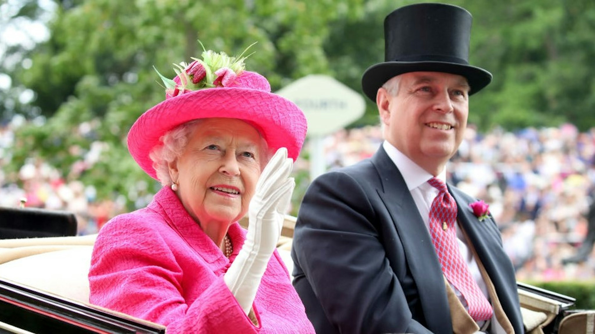 ASCOT, ENGLAND - JUNE 22: Queen Elizabeth II and Prince Andrew, Duke of York attend Royal Ascot 2017 at Ascot Racecourse on June 22, 2017 in Ascot, England. (Photo by