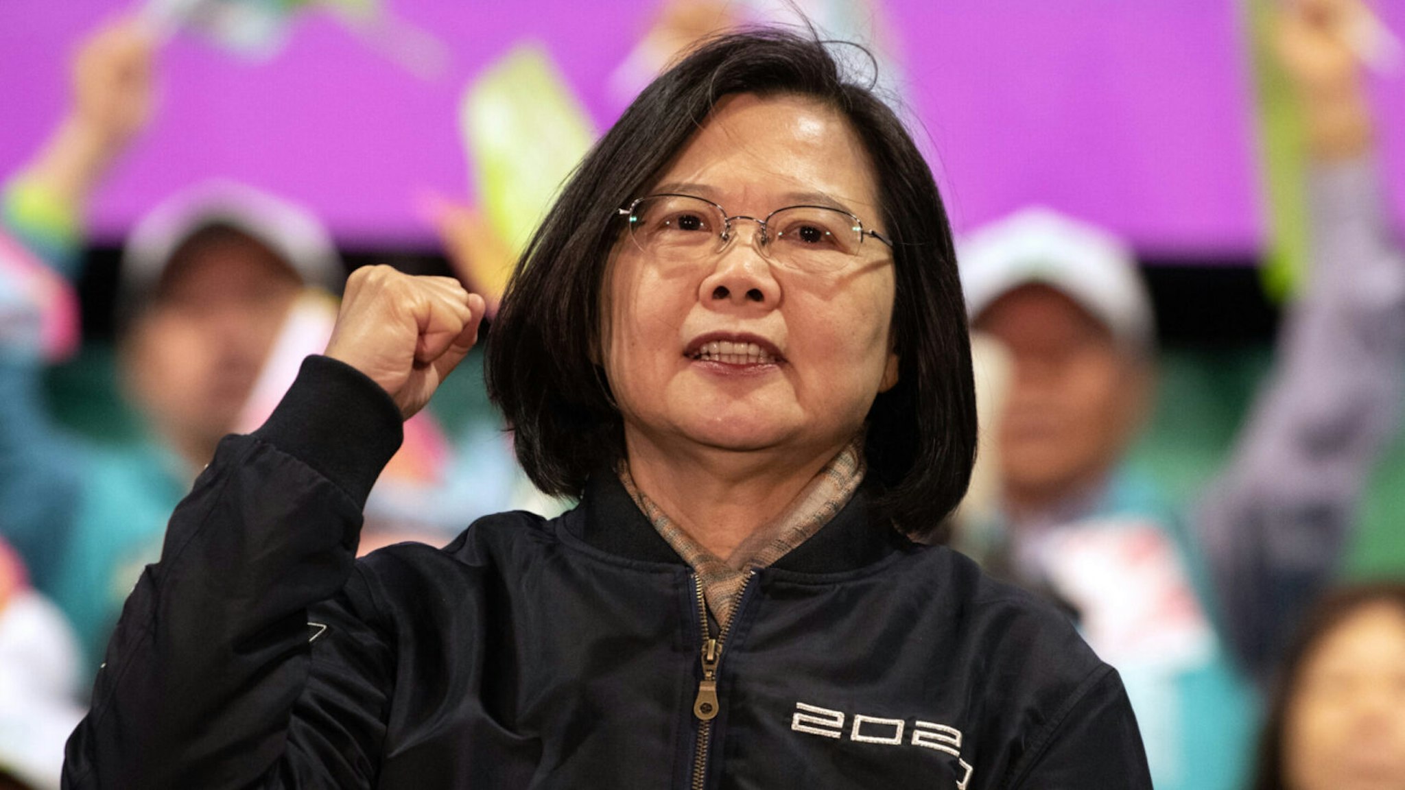 Taiwan's current president and Democratic Progressive Party presidential candidate, Tsai Ing-wen, gestures on stage during a rally ahead of Saturdays presidential election on January 8, 2020 in Taoyuan, Taiwan.
