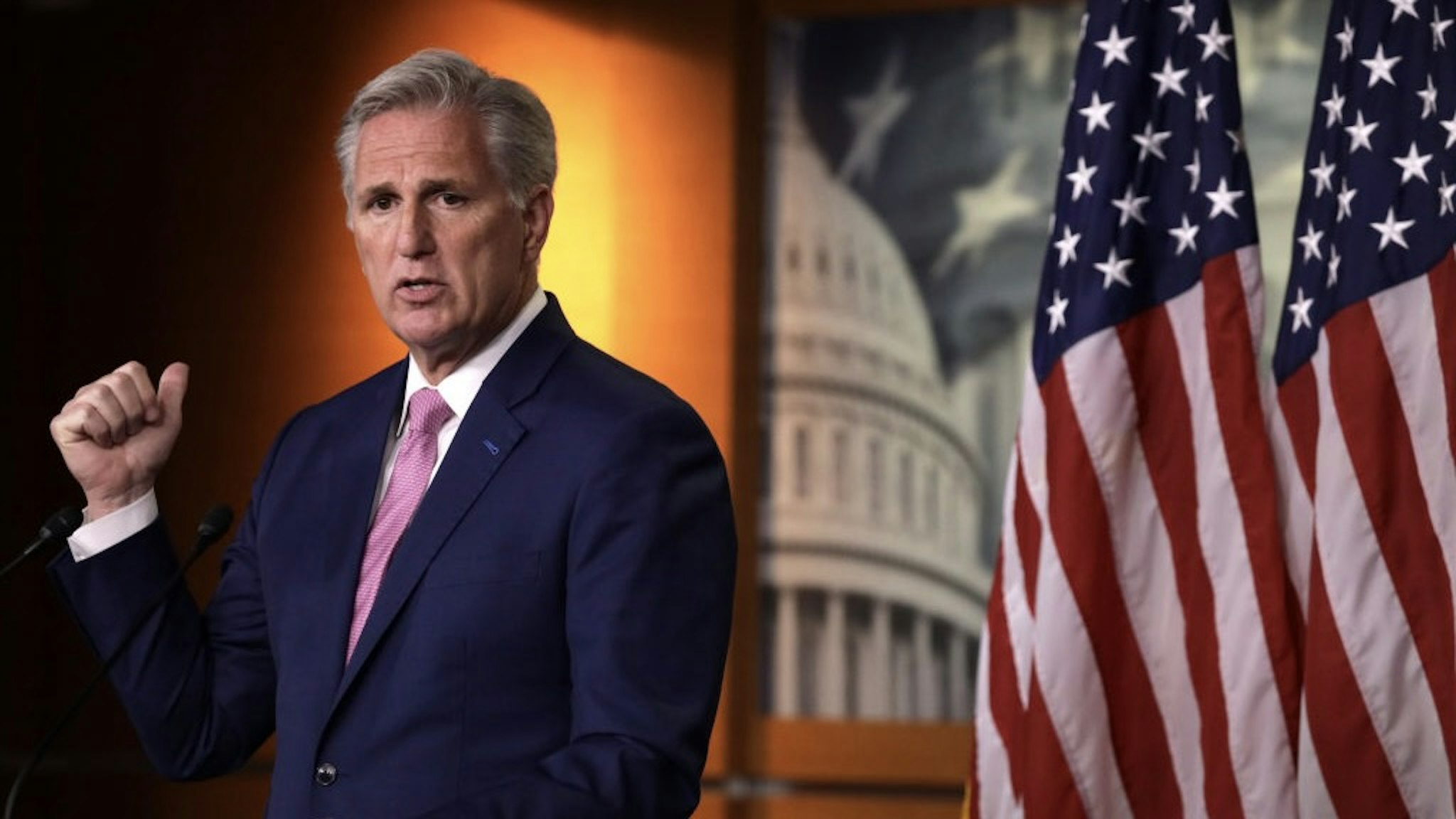 Minority Leader McCarthy Holds Weekly Press Conference WASHINGTON, DC - MAY 28: U.S. House Minority Leader Rep. Kevin McCarthy (R-CA) speaks during a weekly news conference May 28, 2020 on Capitol Hill in Washington, DC. McCarthy held news conference to fill questions from members of the press. (Photo by Alex Wong/Getty Images) Alex Wong / Staff