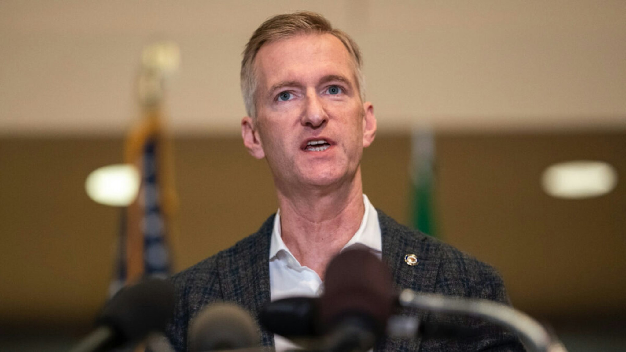 Portland Mayor Ted Wheeler speaks to the media at City Hall on August 30, 2020 in Portland, Oregon.