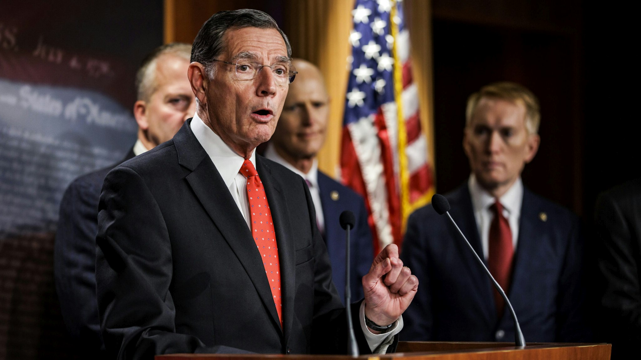 WASHINGTON, DC - OCTOBER 27: Sen. John Barrasso (R-WY) speaks alongside other Republican Senators during a press conference on rising gas an energy prices at the U.S. Capitol on October 27, 2021 in Washington, DC. Republicans are placing blame on the Biden Administration for the quickly rising gas prices this year as predictions estimate that heating costs this winter will rise significantly as well.