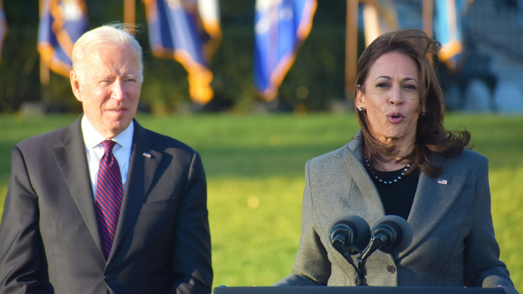 WASHINGTON DC, USA - NOVEMBER 15: Vice President of the United States Kamala Harris (R) delivers remarks alongside President of the United States Joe Biden prior to the signing of the Bipartisan Infrastructure Deal at the White House in Washington, DC on November 15, 2021