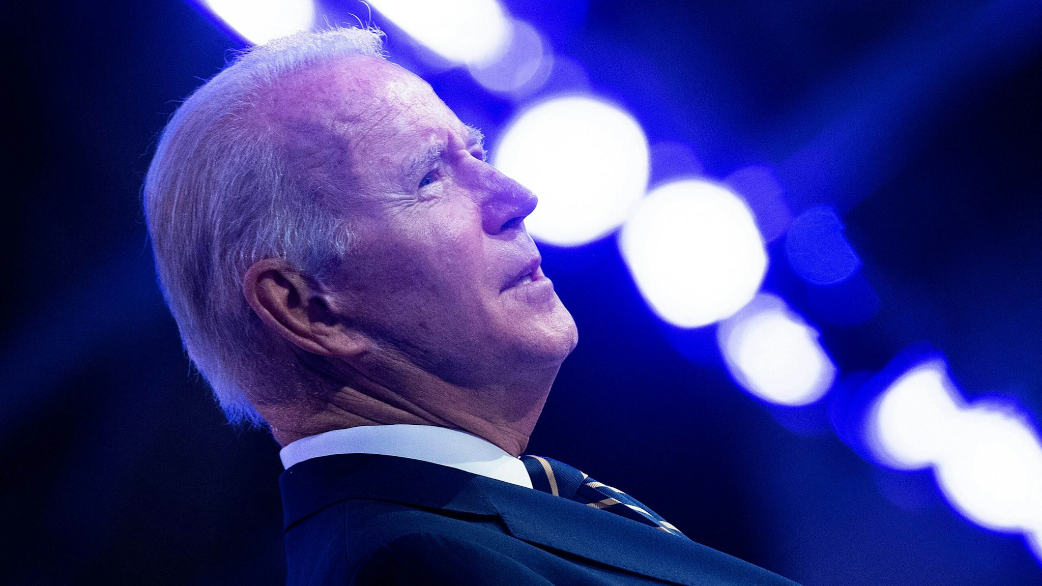 US President Joe Biden delivers a speech on stage during a meeting at the COP26 UN Climate Change Conference in Glasgow, Scotland, on November 1, 2021. - COP26, running from October 31 to November 12 in Glasgow will be the biggest climate conference since the 2015 Paris summit and is seen as crucial in setting worldwide emission targets to slow global warming, as well as firming up other key commitments