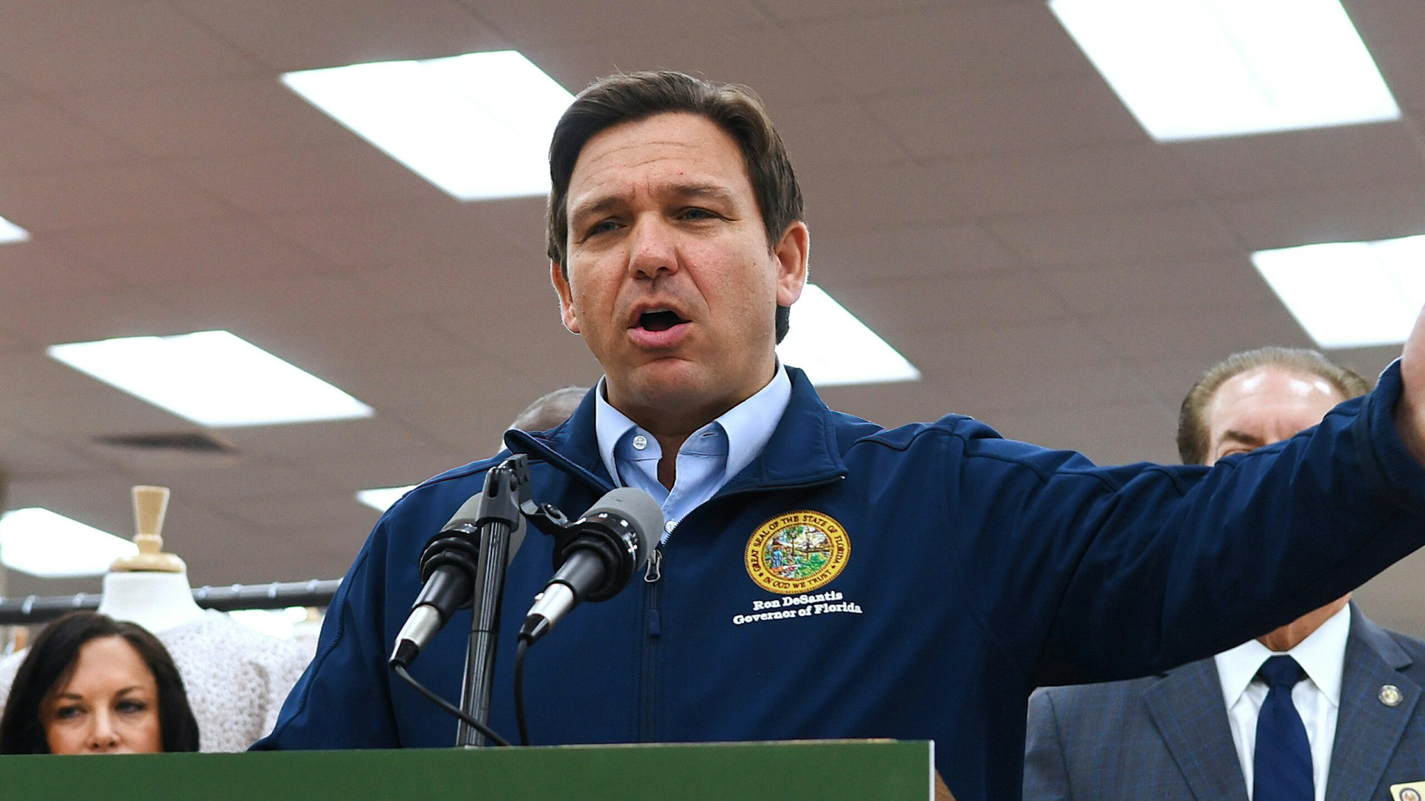 DAYTONA BEACH, FLORIDA, UNITED STATES - 2021/11/22: Florida Gov. Ron DeSantis speaks at a press conference at Buc-ee's travel center, where he announced his proposal of more than $1 billion in gas tax relief for Floridians in response to rising gas prices caused by inflation. DeSantis is proposing to the Florida legislature a five-month gas tax holiday.