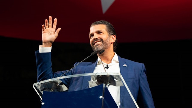 DALLAS, TEXAS - JULY 09: Donald Trump Jr. waves after speaking during the Conservative Political Action Conference CPAC held at the Hilton Anatole on July 09, 2021 in Dallas, Texas.