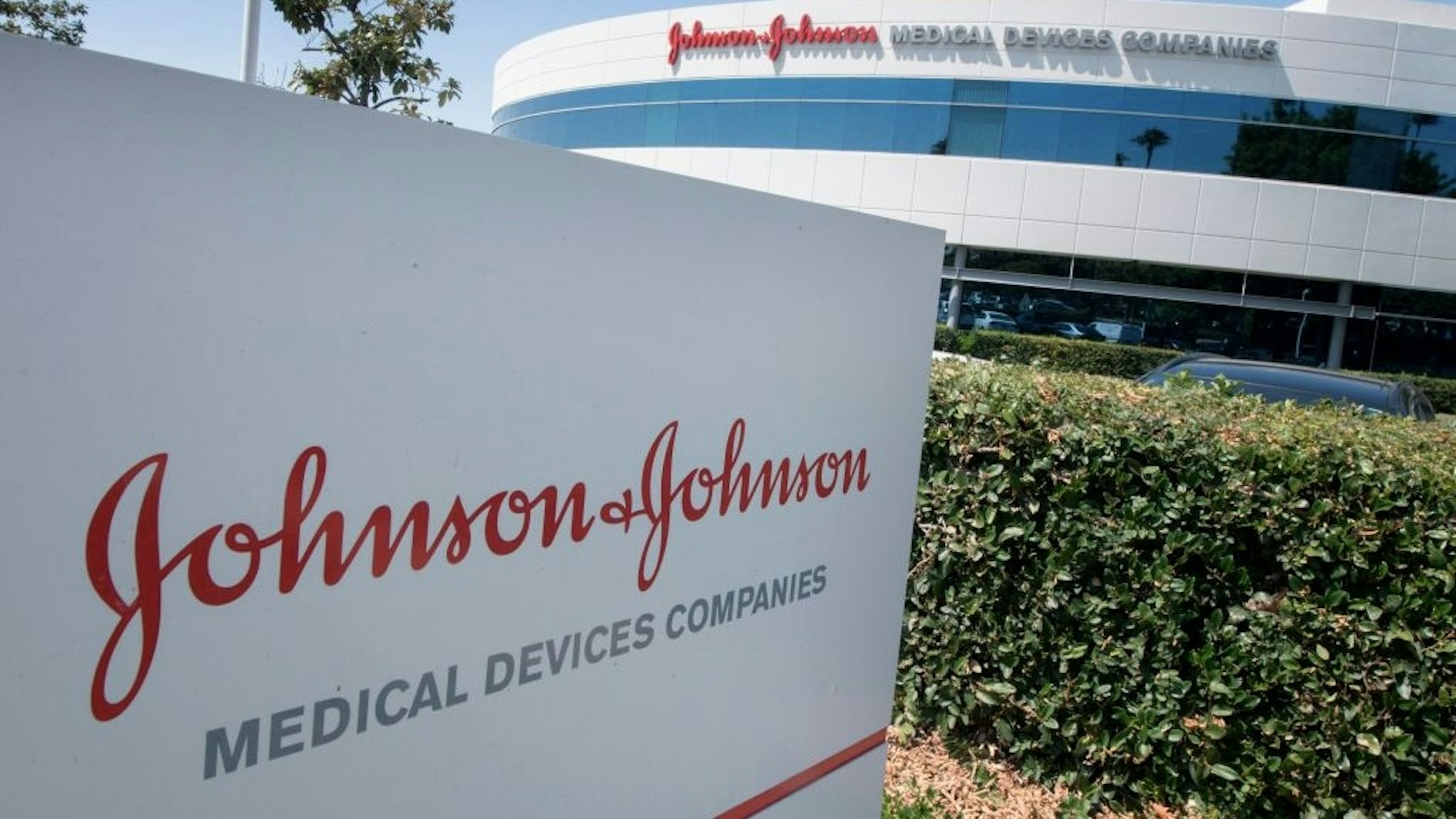 US-HEALTH-DRUGS-ADDICTION-COURT An entry sign to the Johnson & Johnson campus shows their logo in Irvine, California on August 28, 2019. - The US pharmaceutical industry faces tens of billions of dollars in potential damage payments for fueling the opioid addiction crisis after Oklahoma won a $572 million judgment against drugmaker Johnson & Johnson. (Photo by Mark RALSTON / AFP) (Photo by MARK RALSTON/AFP via Getty Images) MARK RALSTON / Contributor