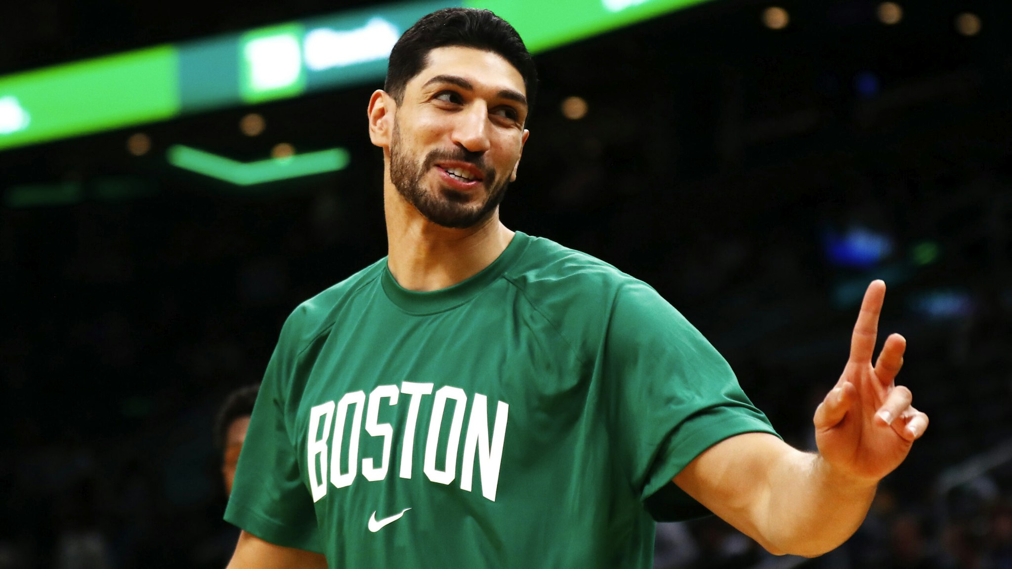 BOSTON, MASSACHUSETTS - OCTOBER 27: Enes Kanter #13 of the Boston Celtics reacts before the game against the Washington Wizards at TD Garden on October 27, 2021 in Boston, Massachusetts. NOTE TO USER: User expressly acknowledges and agrees that, by downloading and or using this photograph, User is consenting to the terms and conditions of the Getty Images License Agreement.