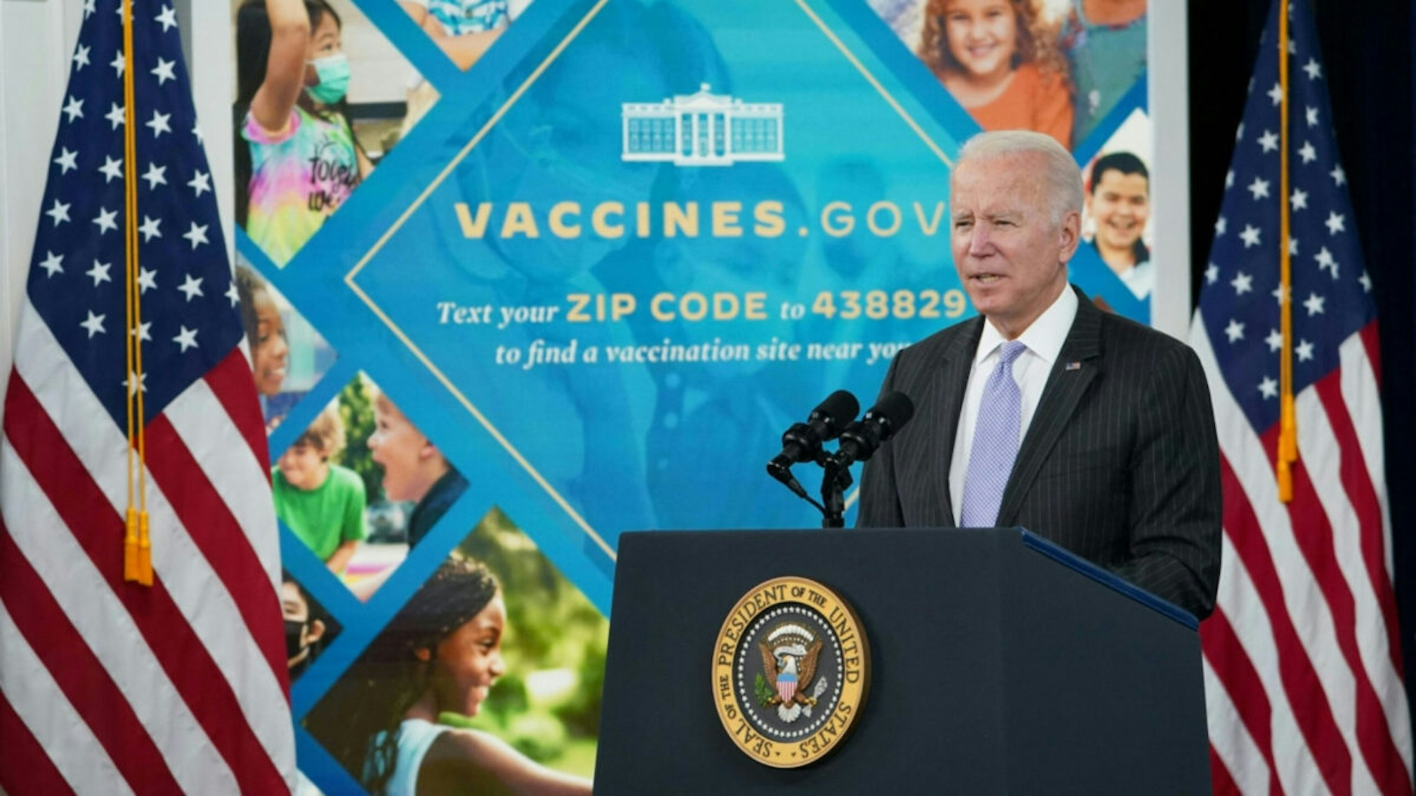 US President Joe Biden speaks on the authorization of the Covid-19 vaccine for children aged 5 to 11 in the South Court Auditorium, next to the White House, in Washington, DC on November 3, 2021.
