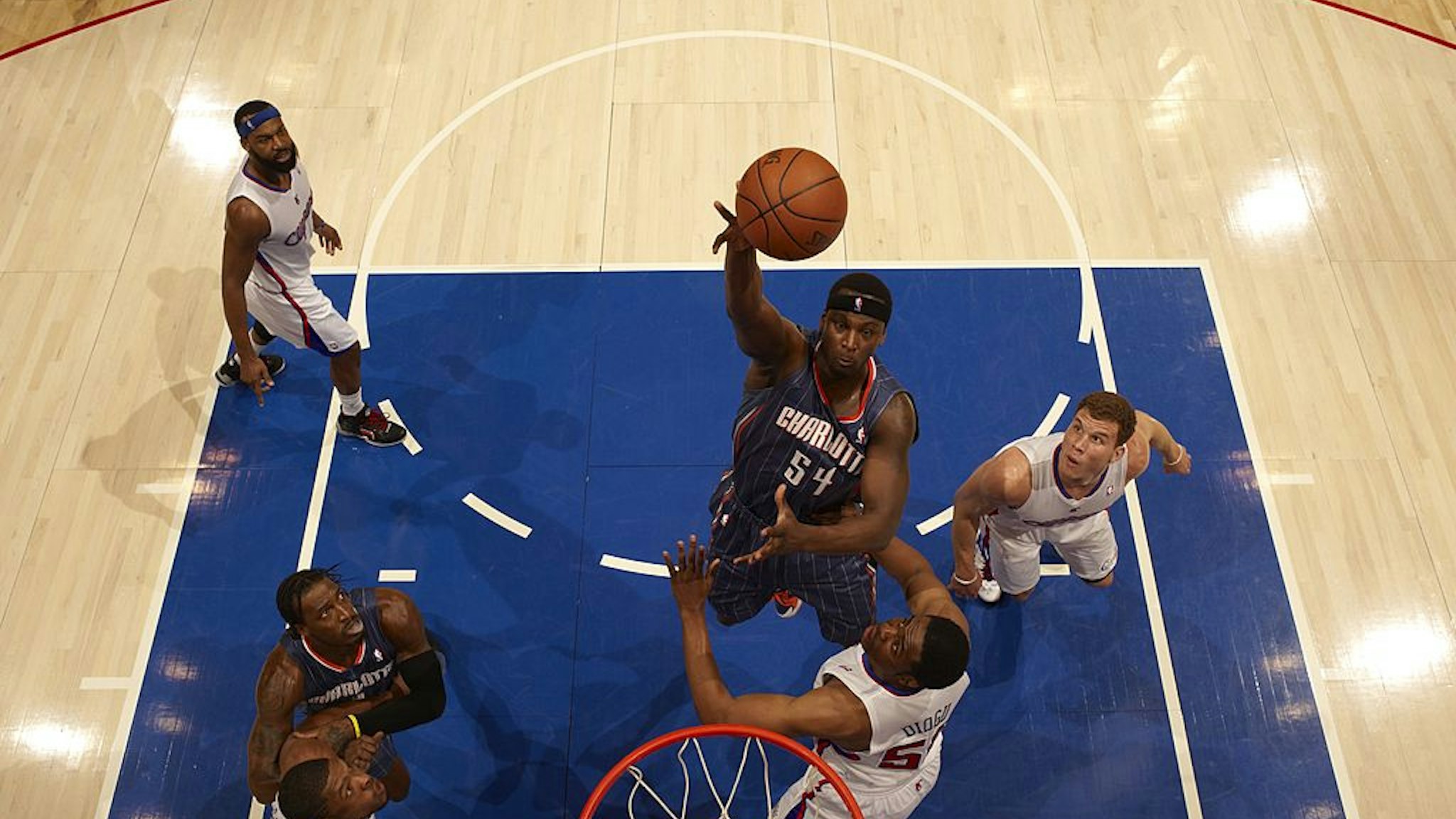 Basketball: Aerial view of Charlotte Bobcats Kwame Brown (54) in action vs Los Angeles Clippers at Staples Center.Los Angeles, CA 1/29/2011CREDIT: John W. McDonough (Photo by John W. McDonough /Sports Illustrated via Getty Images)(Set Number: X85346 TK1 R11 F7 )