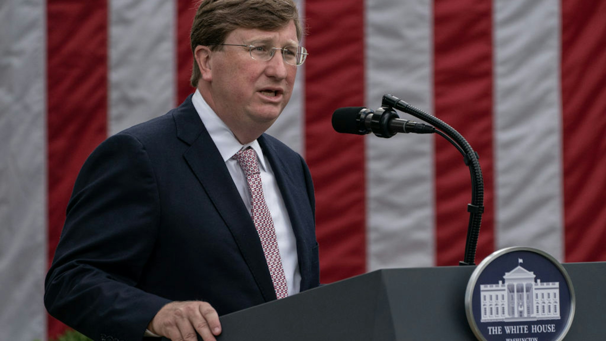 Tate Reeves, governor of Mississippi, speaks during an event in the Rose Garden of the White House in Washington, D.C., U.S., on Monday, Sept. 28, 2020. President Donald Trump is set to announce the government will send millions of rapid-result Covid-19 tests to states, and urge that they be used in schools. Photographer: Ken Cedeno/Sipa/Bloomberg via Getty Images
