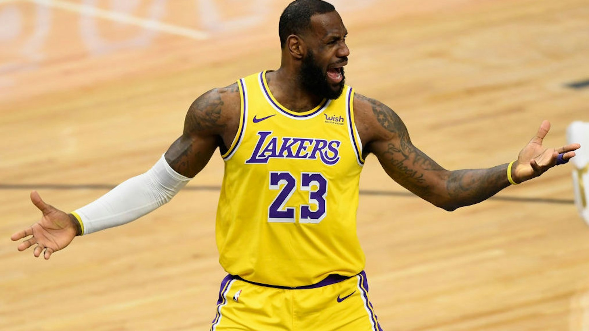 LeBron James #23 of the Los Angeles Lakers reacts during the first quarter of the game against the Minnesota Timberwolves at Target Center on February 16, 2021 in Minneapolis, Minnesota.