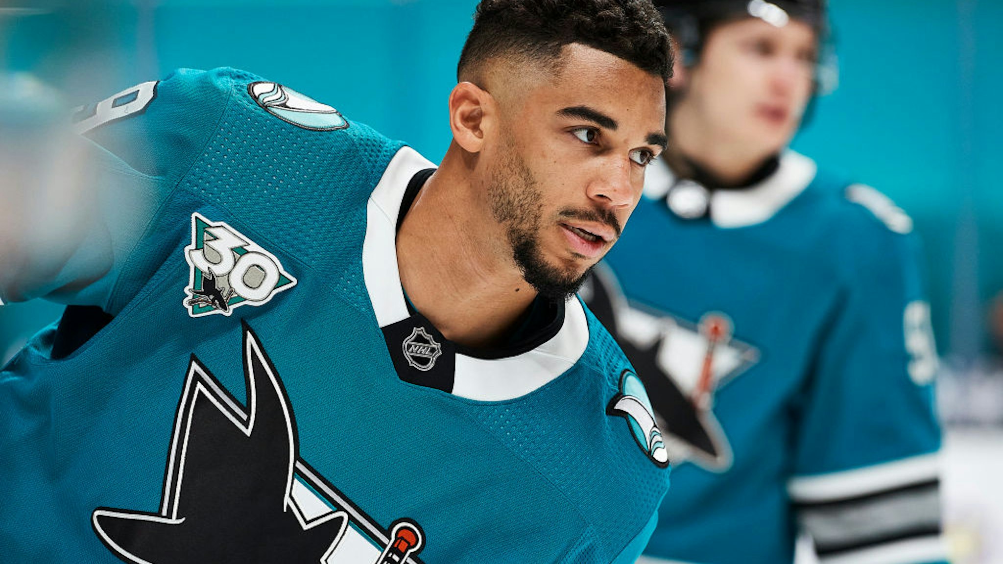 SAN JOSE, CA - MAY 12: San Jose Sharks left wing Evander Kane (9) warms up before the San Jose Sharks game versus the Vegas Golden Knights on May 12, 2021, at SAP Center at San Jose in San Jose, CA. (Photo by Matt Cohen/Icon Sportswire via Getty Images)