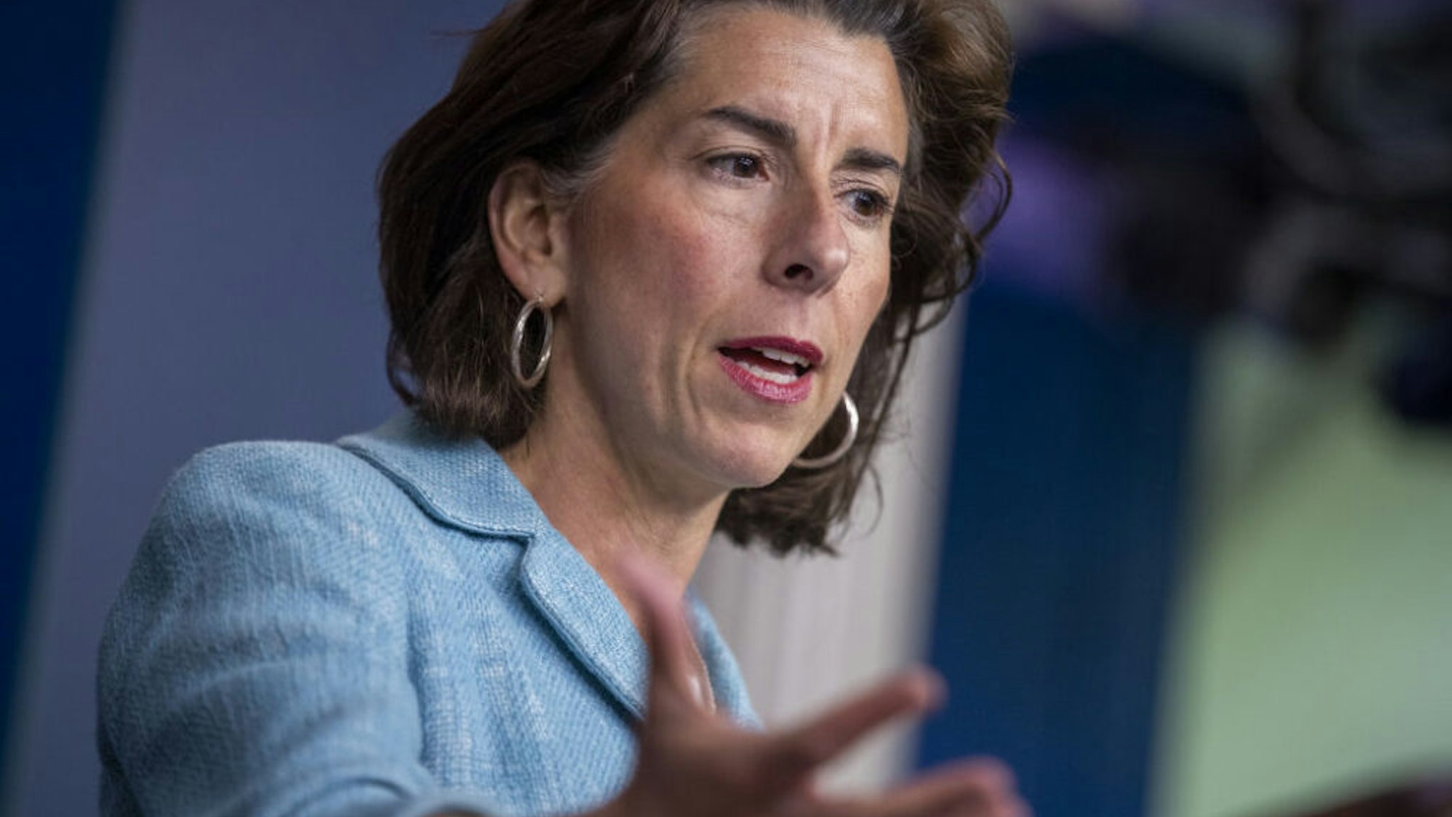 Gina Raimondo, U.S. commerce secretary, speaks during a news conference in the James S. Brady Press Briefing Room at the White House in Washington, D.C., U.S., on Thursday, July 22, 2021. President Joe Biden will host business and labor leaders at the White House on Thursday as a bipartisan group of senators nears an agreement that will allow the chamber to begin debating infrastructure legislation.