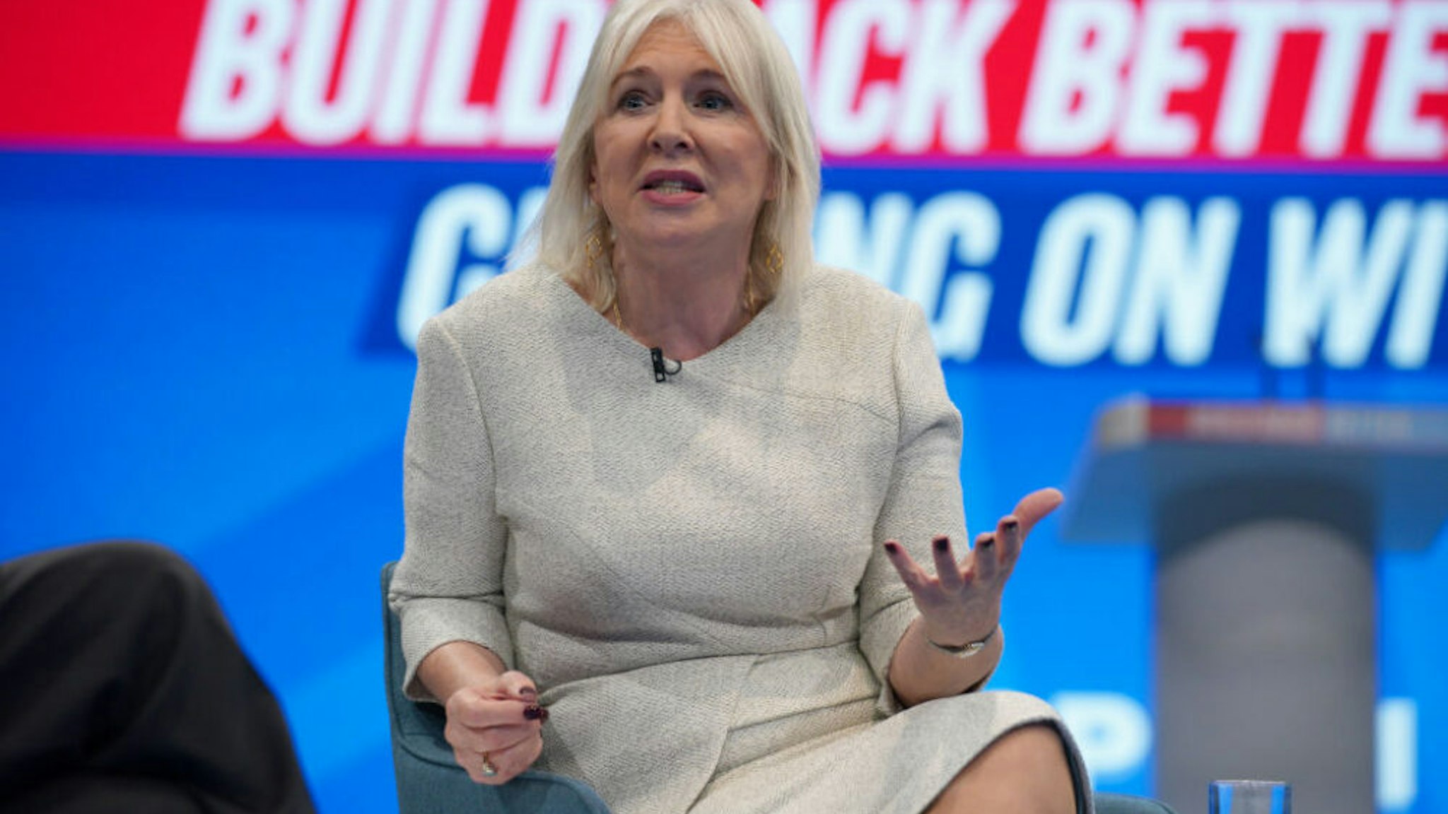 Culture Secretary Nadine Dorries on the main stage during the Conservative Party Conference in Manchester. Picture date: Tuesday October 5, 2021.