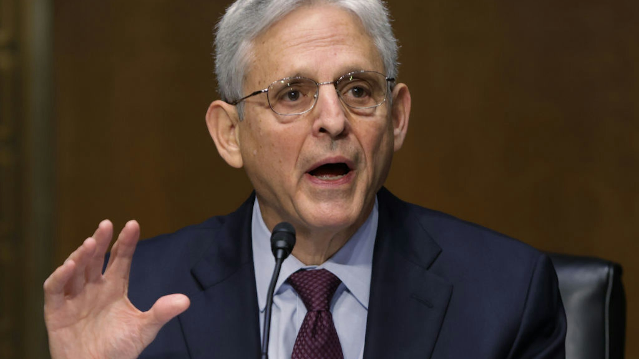 WASHINGTON, DC - OCTOBER 27: U.S. Attorney General Merrick Garland testifies at a Senate Judiciary Committee hearing about oversight of the Department of Justice on October 27, 2021 in Washington, DC. Attorney General Garland faced questions about various investigations and DOJ policies. (Photo by Tasos Katopodis-Pool/Getty Images)