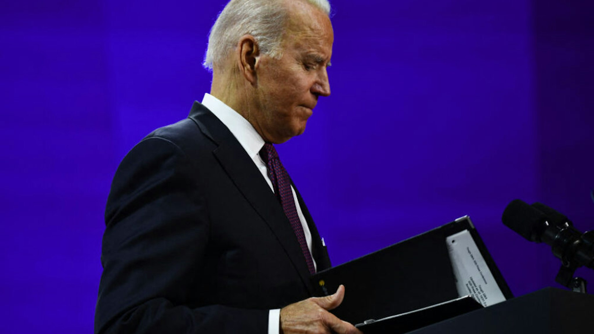 US President Joe Biden addresses a press conference at the end of the G20 of World Leaders Summit on October 31, 2021 at the convention center "La Nuvola" in the EUR district of Rome.