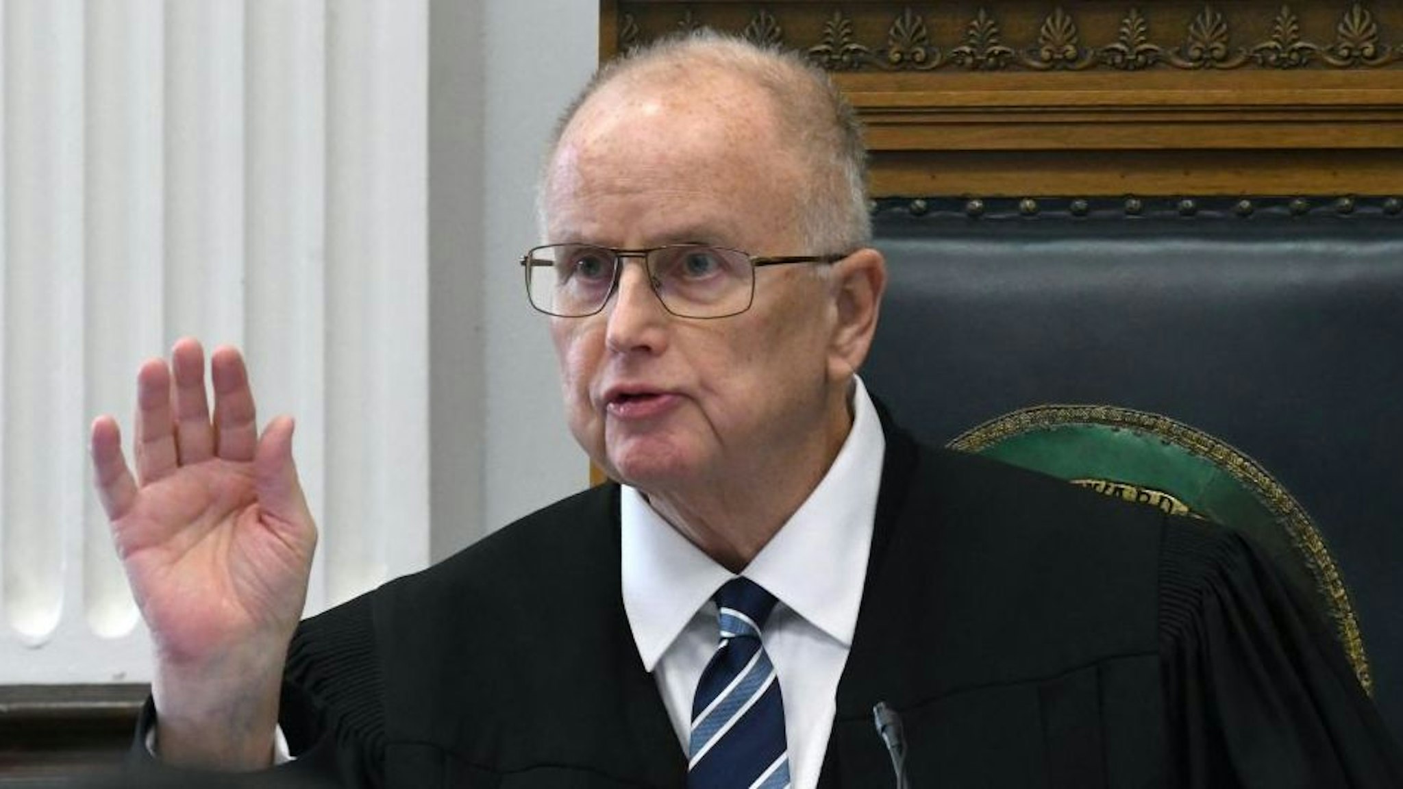 JUDGE BRUCE E. SCHROEDER during jury selection on the first day of the Kyle Rittenhouse trial in Kenosha (Wisconsin) Circuit Court on November 1, 2021 in Kenosha, Wisconsin.
