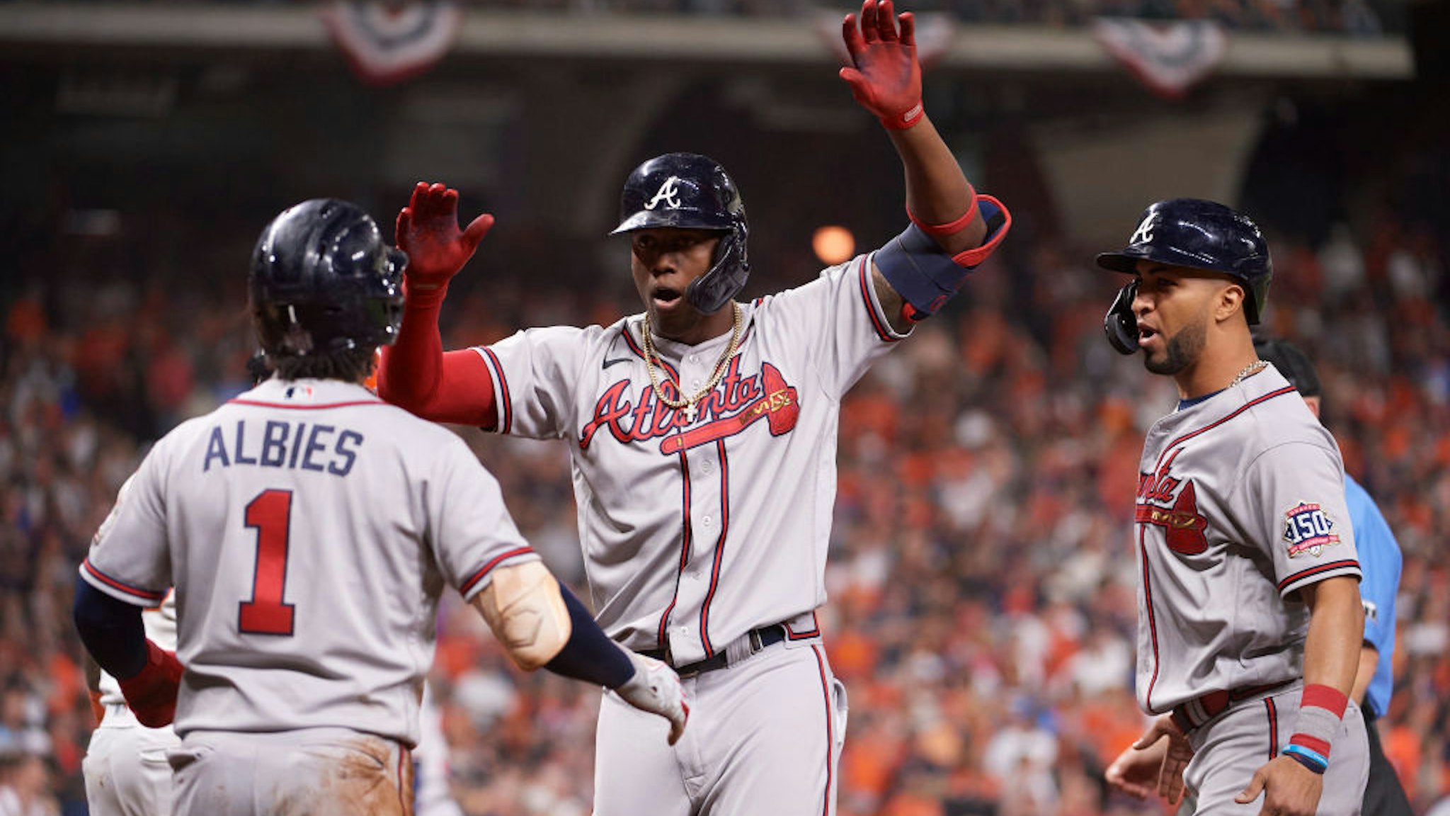 Baseball: World Series: Atlanta Braves Jorge Soler (12) victorious after hitting home run with Eddie Rosario (8) and Ozzie Albies (1) during game vs Houston Astros at Minute Maid Park. Game 6. Houston, TX 11/2/2021 CREDIT: Greg Nelson (Photo by Greg Nelson/Sports Illustrated via Getty Images) (Set Number: X163857 TK1)
