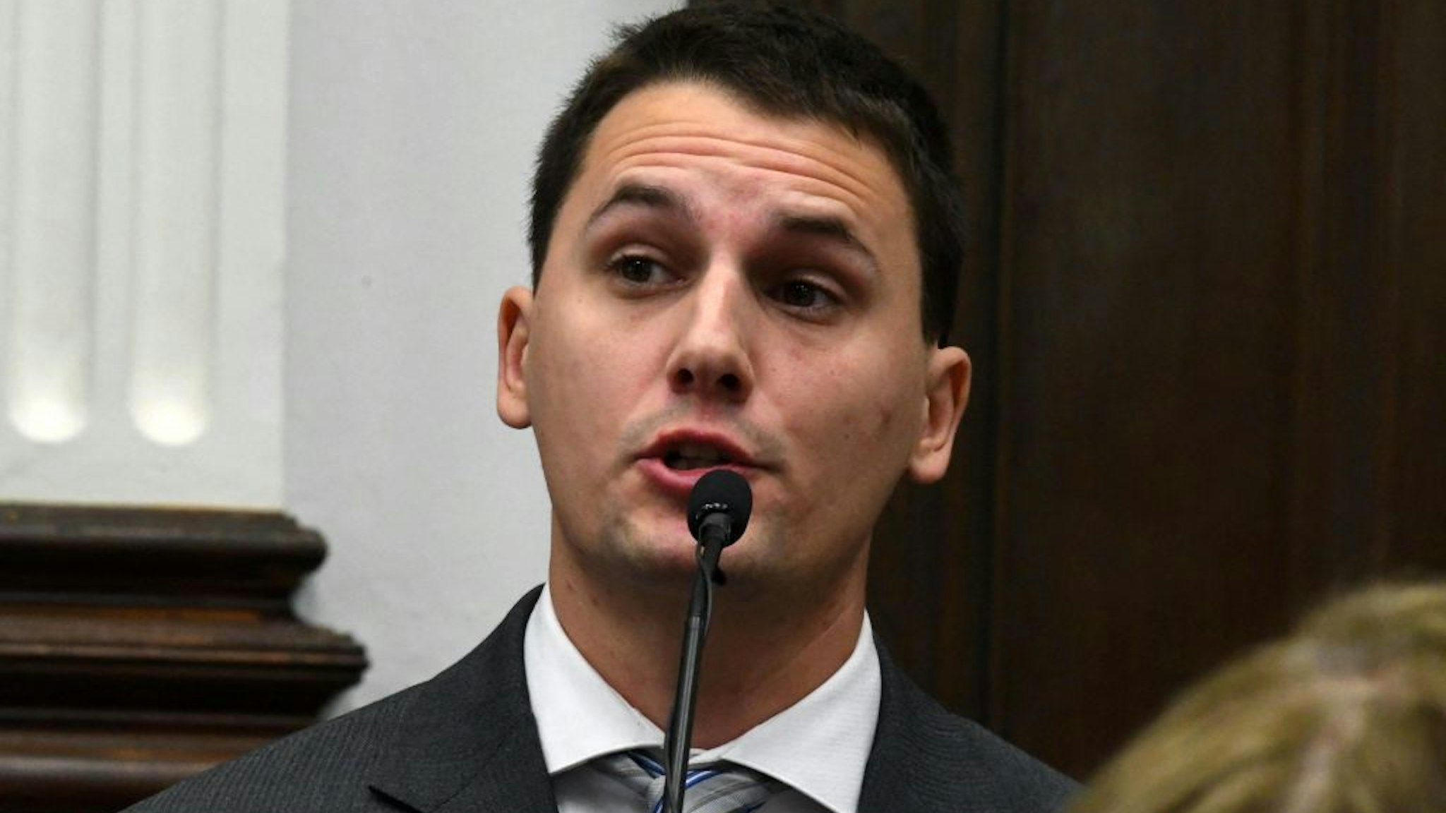 KENOSHA, WISCONSIN - NOVEMBER 05: Military veteran JASON LACKOWSKI testifies during the trial of Kyle Rittenhouse on November 5, 2021 in Kenosha, Wisconsin. Rittenhouse is accused of shooting three demonstrators, killing two of them, during a night of unrest that erupted in Kenosha after a police officer shot Jacob Blake seven times in the back while being arrested in August 2020. Rittenhouse, from Antioch, Illinois, was 17 at the time of the shooting and armed with an assault rifle. He faces counts of felony homicide and felony attempted homicide. (Photo by Mark Hertzberg-Pool/Getty Images)