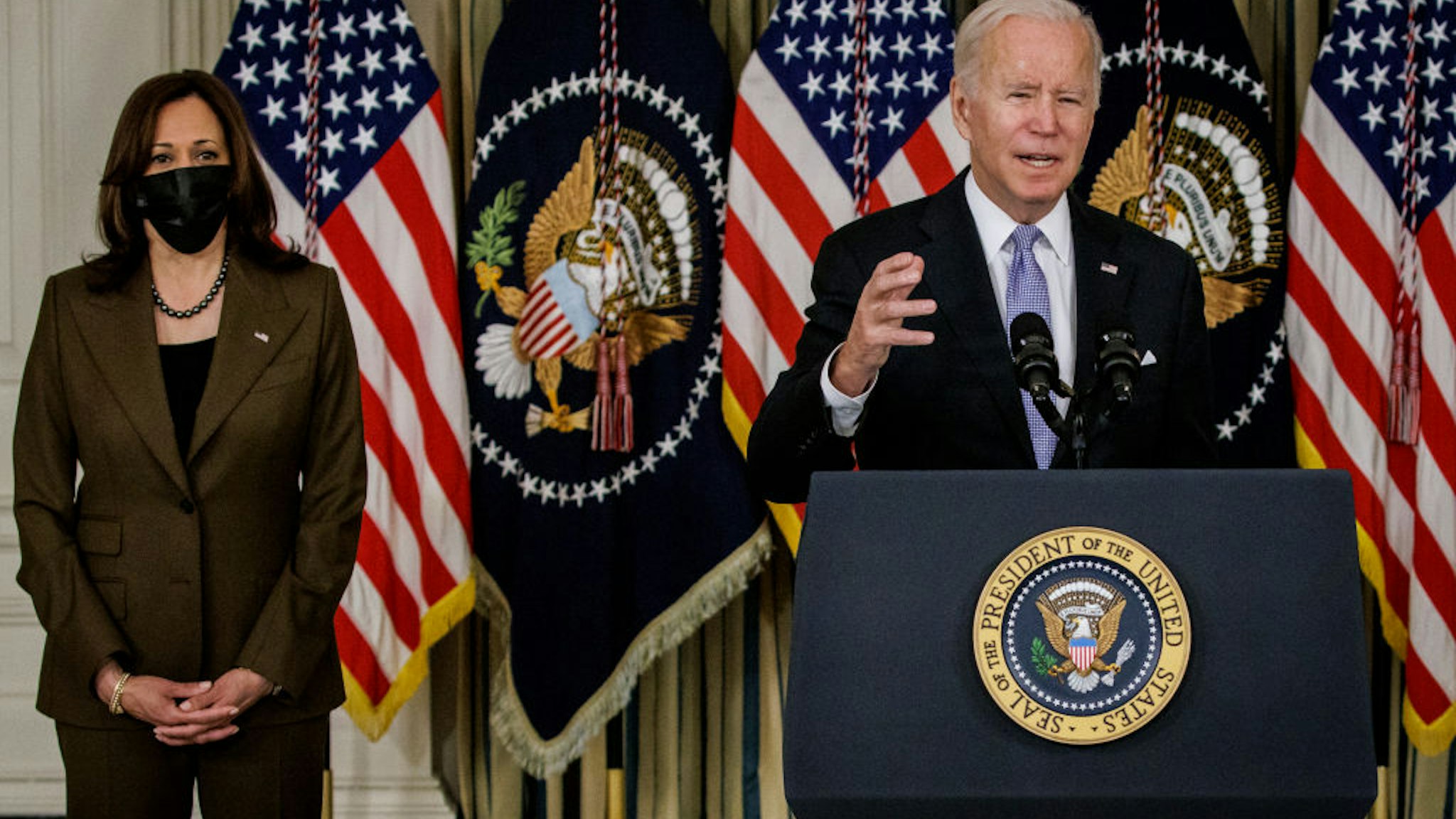 U.S. President Joe Biden speaks alongside Vice President Kamala Harris during a press conference in the State Dining Room at the White House on November 6, 2021 in Washington, DC.