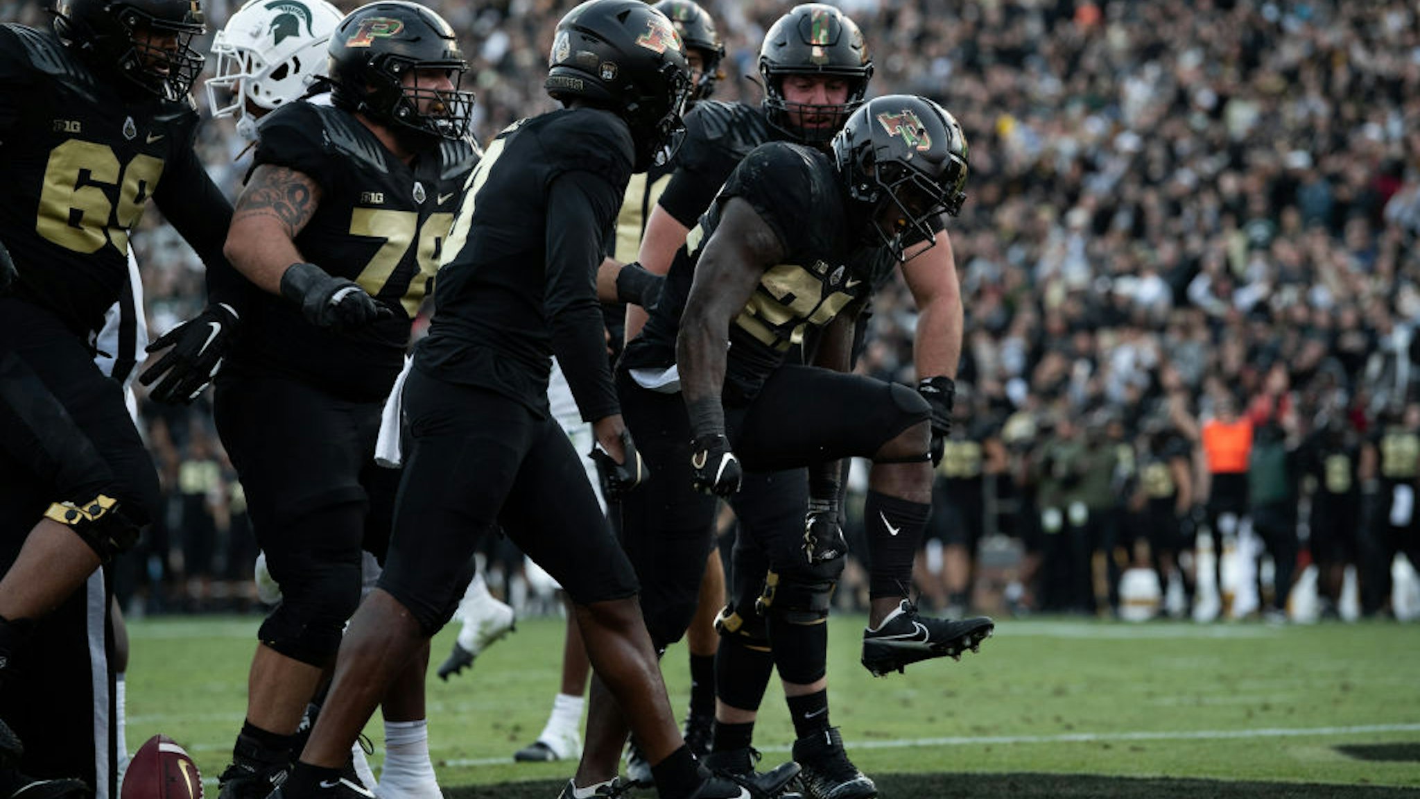WEST LAFAYETTE, IN - NOVEMBER 06: Purdue Boilermakers running back King Doerue (22) celebrates a touchdown run during the college football game between the Purdue Boilermakers and Michigan State Spartans on November 6, 2021, at Ross-Ade Stadium in West Lafayette, IN. (Photo by Zach Bolinger/Icon Sportswire via Getty Images)