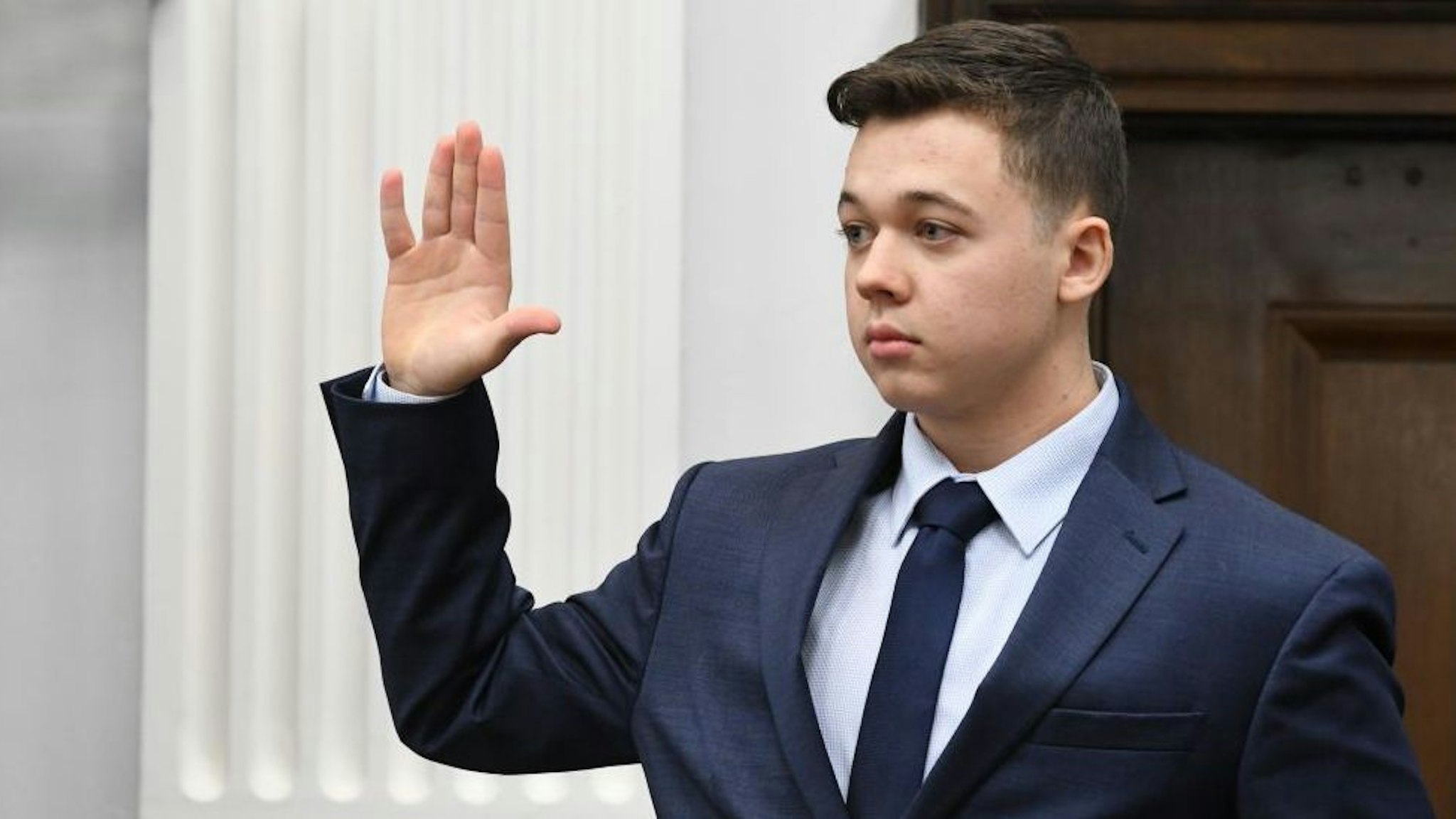 Kyle Rittenhouse is sworn in to testify during his trial at the Kenosha County Courthouse on November 10, 2021 in Kenosha, Wisconsin.