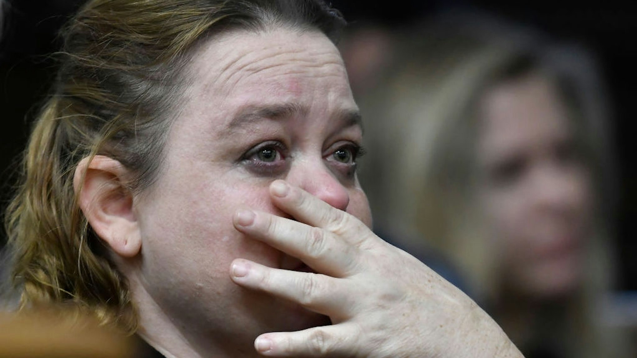Wendy Rittenhouse, Kyle Rittenhouse's mother, gets emotional as her son is cross-examined by Assistant District Attorney Thomas Binger during the trial at the Kenosha County Courthouse on November 10, 2021 in Kenosha, Wisconsin.