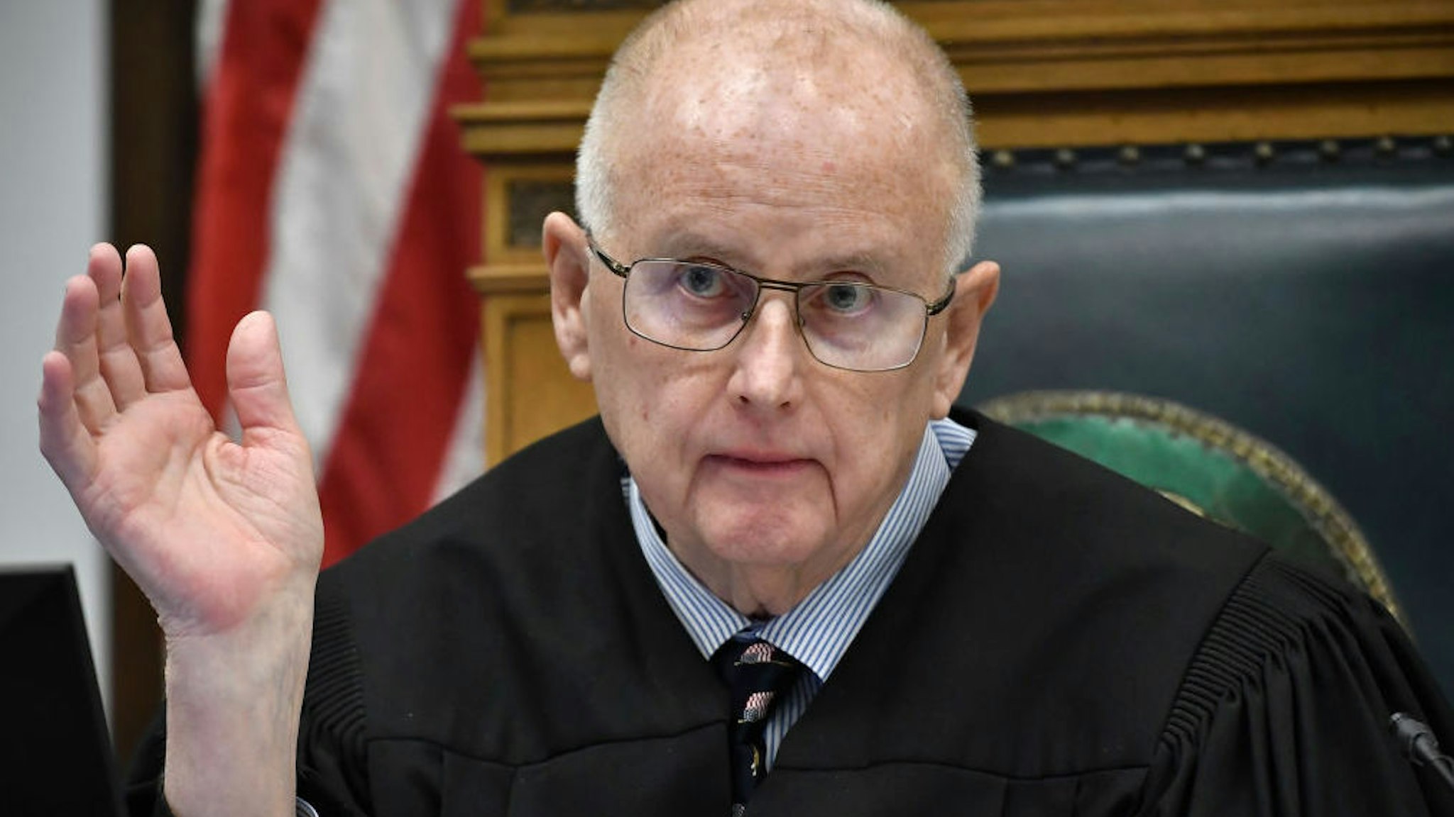 Judge Bruce Schroeder addresses an objection made by Assistant District Attorney Thomas Binger regarding the scope of testimony from the defense's expert use-of-force witness John Black during Kyle Rittenhouse's trial at the Kenosha County Courthouse on November 11, 2021 in Kenosha, Wisconsin.