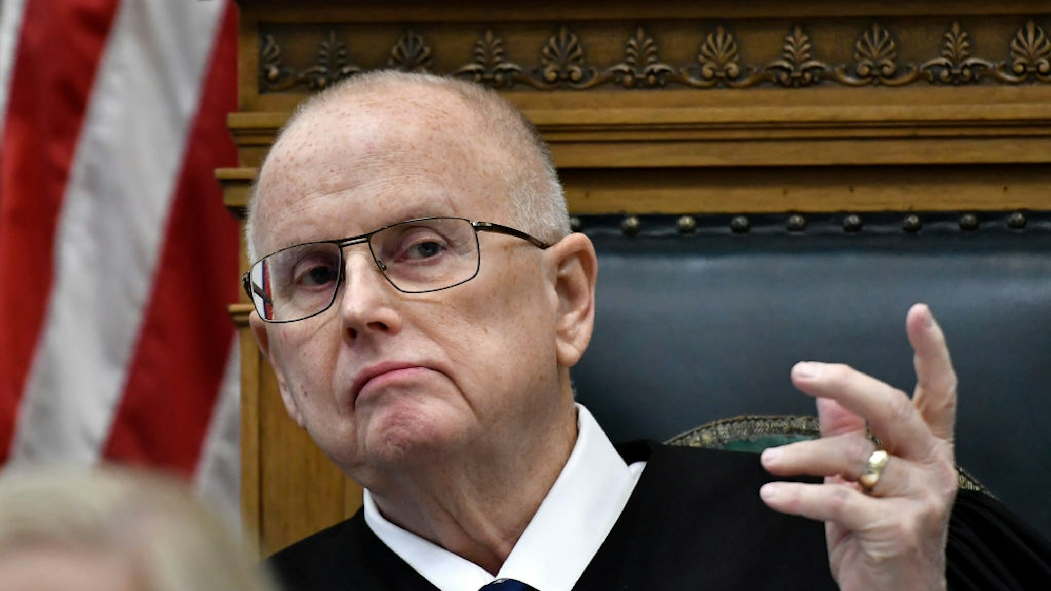Judge Bruce Schroeder speaks to issues on jury instruction during Kyle Rittenhouse's trial at the Kenosha County Courthouse on November 15, 2021 in Kenosha, Wisconsin.