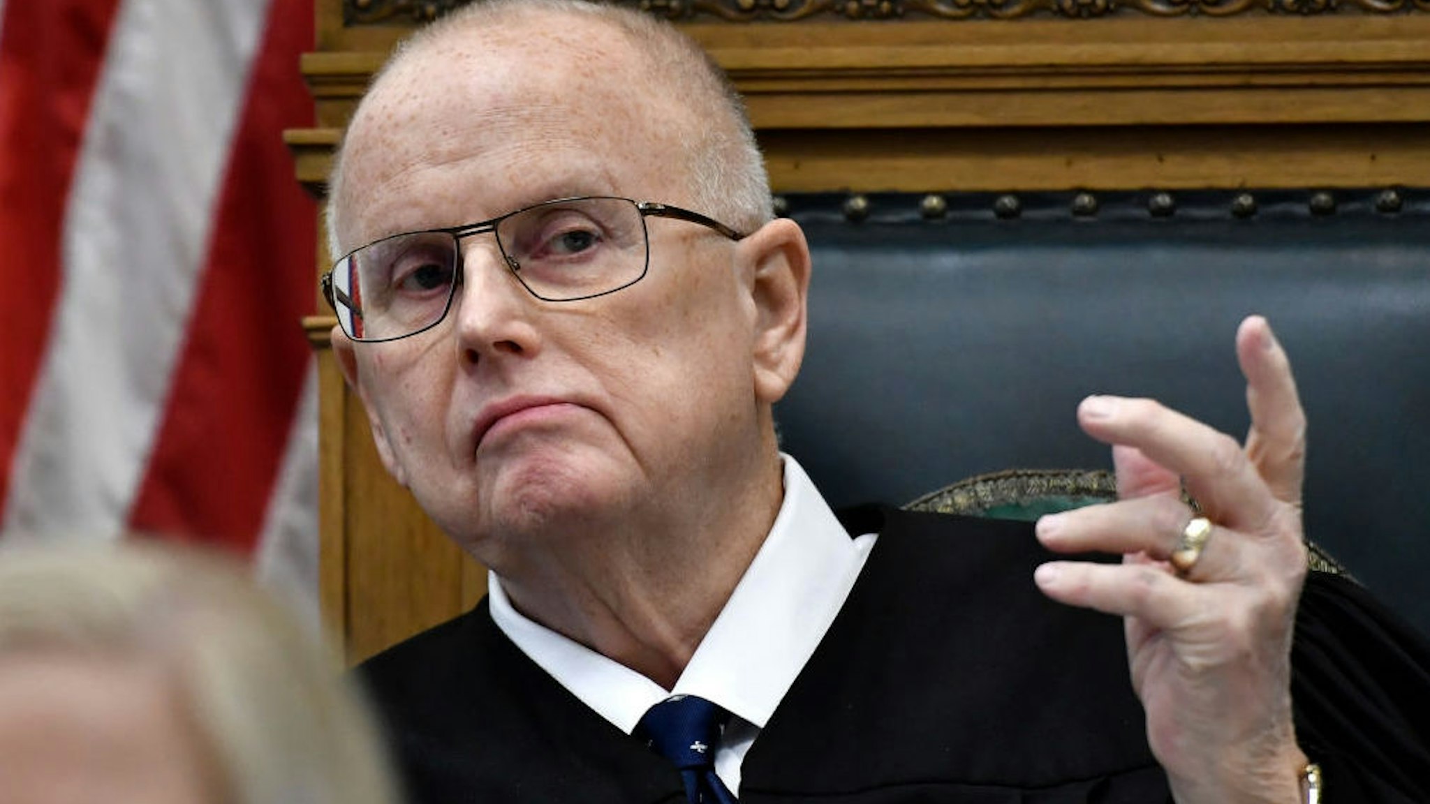 Judge Bruce Schroeder speaks to issues on jury instruction during Kyle Rittenhouse's trial at the Kenosha County Courthouse on November 15, 2021 in Kenosha, Wisconsin.