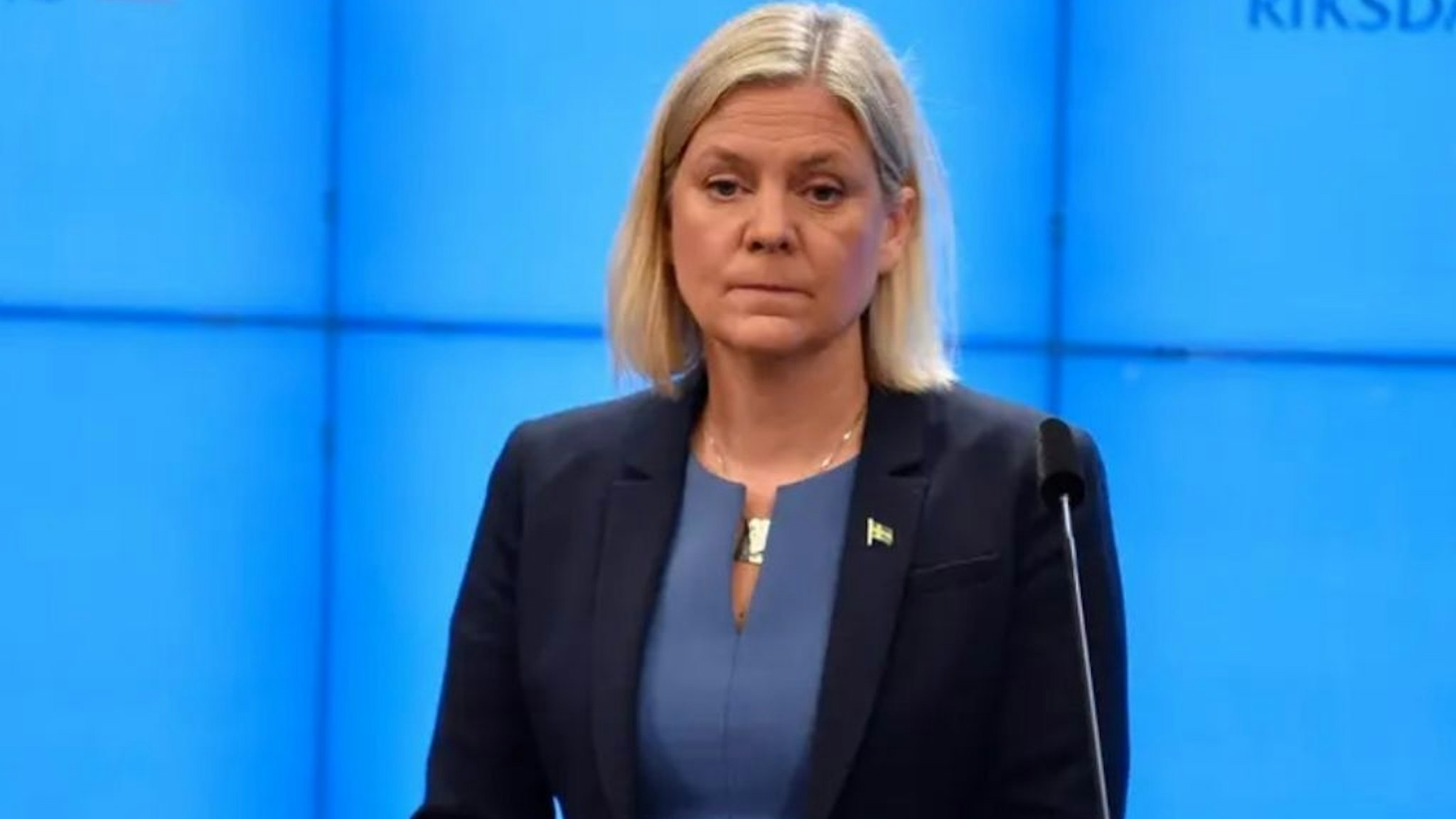 A screen grab captured from a video shows Magdalena Andersson, the first female prime minister in Sweden speaking during a press conference in Stockholm, Sweden on November 24, 2021.