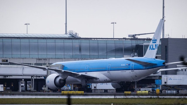 A Klm airplane landed from Johannesbourg is parked at the gate E19 at the Schiphol Airport, The Netherlands, on Mnovember 27, 2021.