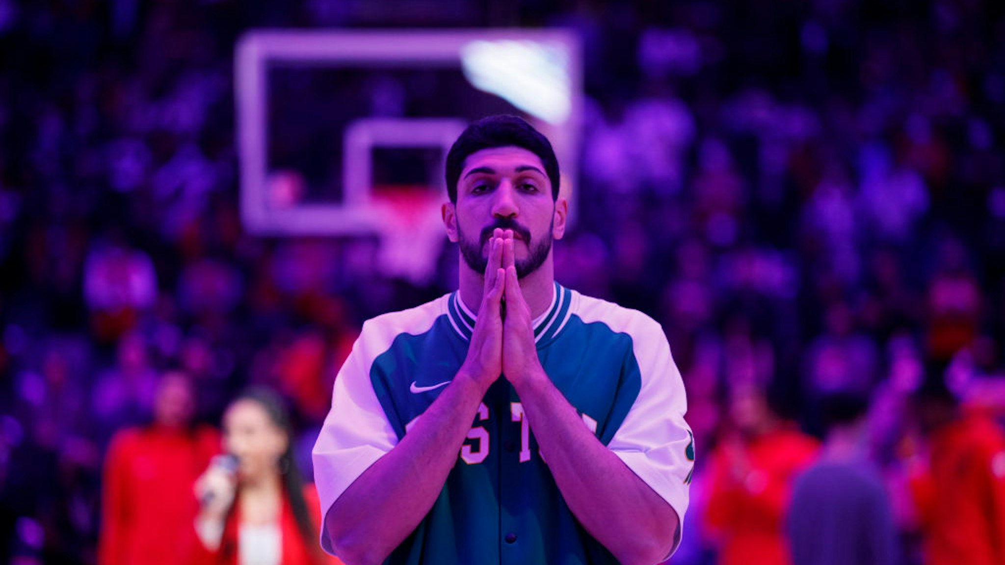 TORONTO, ON - NOVEMBER 28: Enes Kanter #13 of the Boston Celtics during the American national anthem prior to the first half of their NBA game against the Toronto Raptors at Scotiabank Arena on November 28, 2021 in Toronto, Canada. NOTE TO USER: User expressly acknowledges and agrees that, by downloading and or using this Photograph, user is consenting to the terms and conditions of the Getty Images License Agreement. (Photo by Cole Burston/Getty Images)