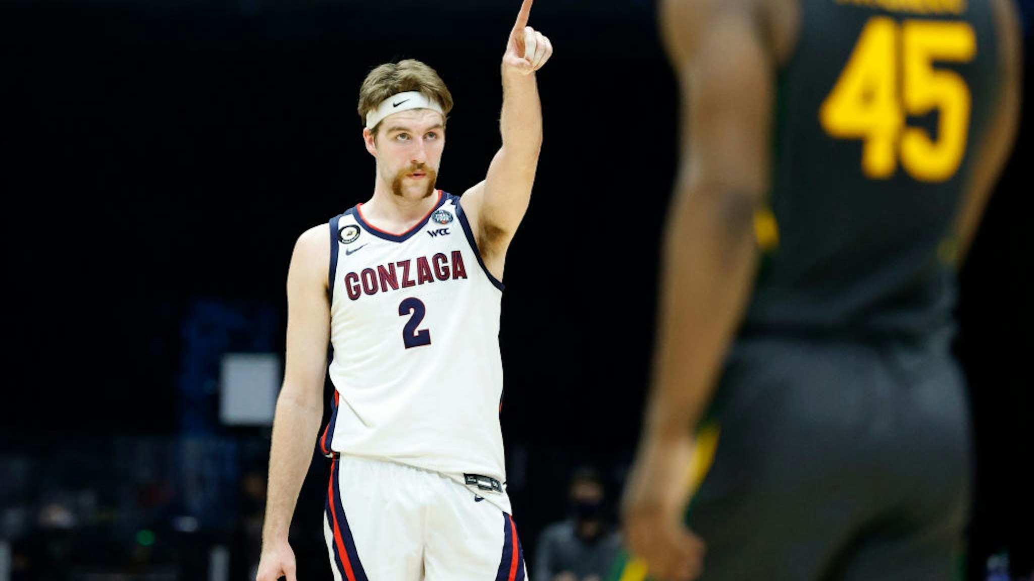 INDIANAPOLIS, INDIANA - APRIL 05: Drew Timme #2 of the Gonzaga Bulldogs reacts during the first half in the National Championship game of the 2021 NCAA Men's Basketball Tournament against the Baylor Bears at Lucas Oil Stadium on April 05, 2021 in Indianapolis, Indiana. (Photo by Tim Nwachukwu/Getty Images)