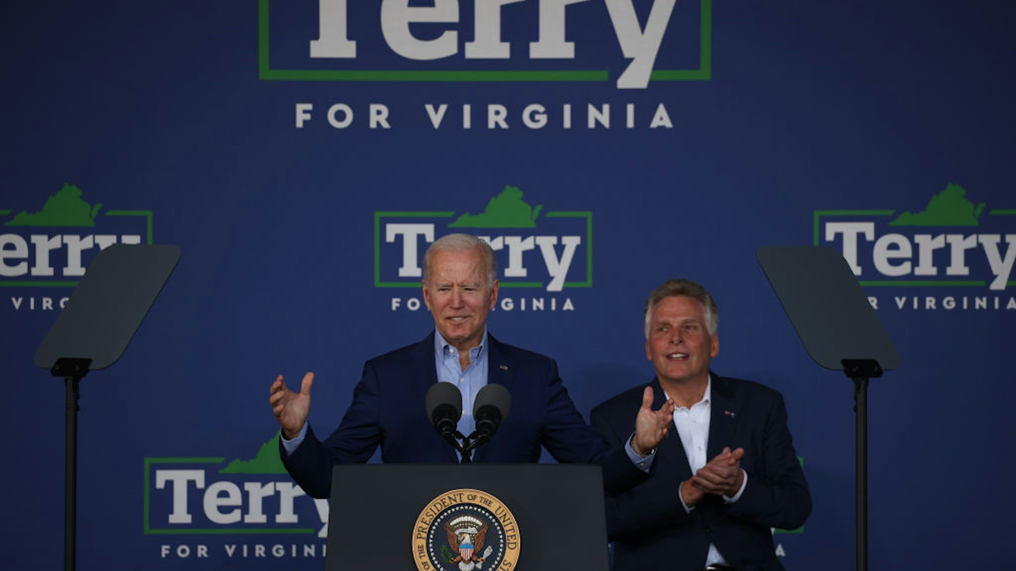 ARLINGTON, VIRGINIA - JULY 23: U.S. President Joe Biden speaks at a campaign event for Virginia gubernatorial candidate Terry McAuliffe (D-VA) at the Lubber Run Community Center on July 22, 2021 in Arlington, Virginia. President Biden joined McCauliffe to help campaign, marking the President’s return to the campaign trail since he entered the White House. (Photo by
