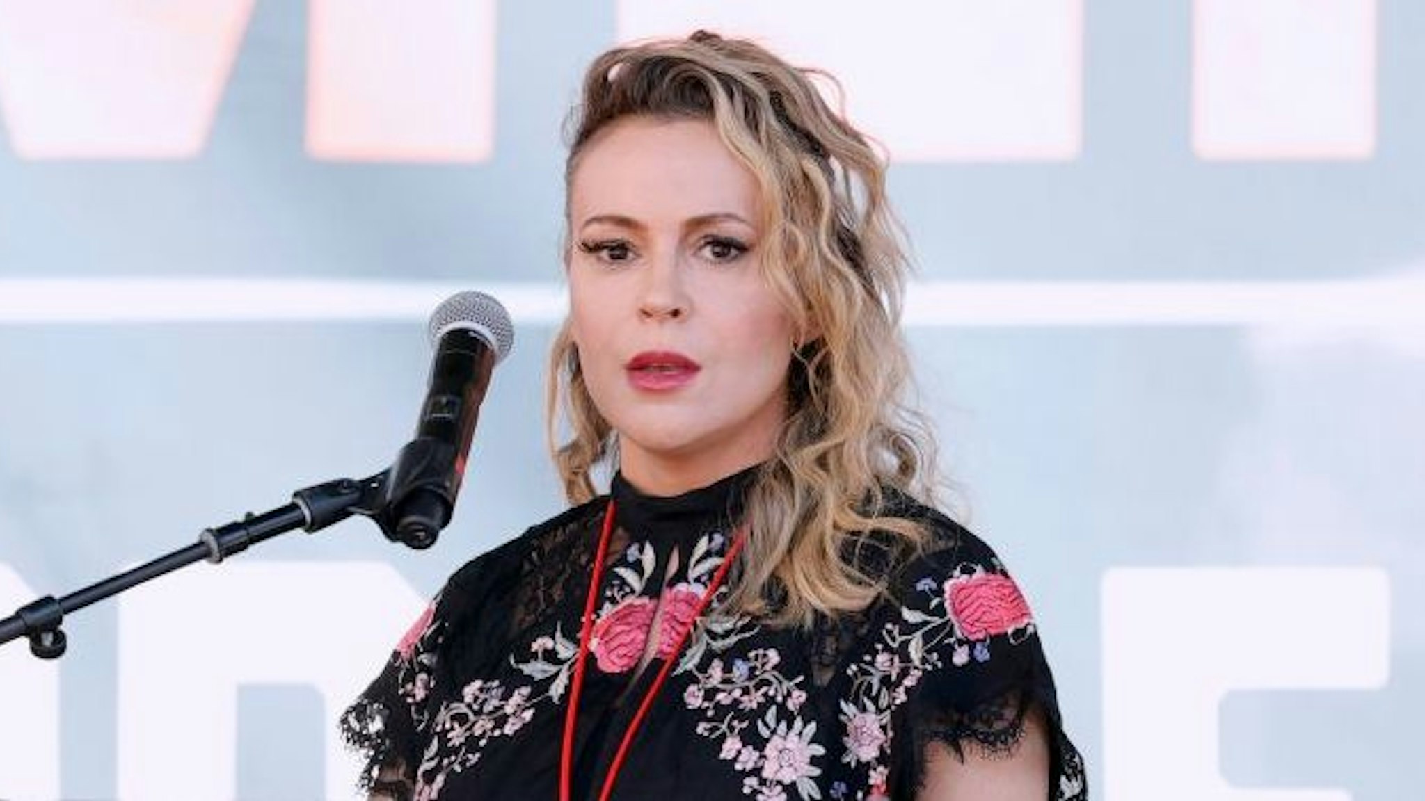 Alyssa Milano attends Women's March Action: March 4 Reproductive Rights at Pershing Square on October 02, 2021 in Los Angeles, California.