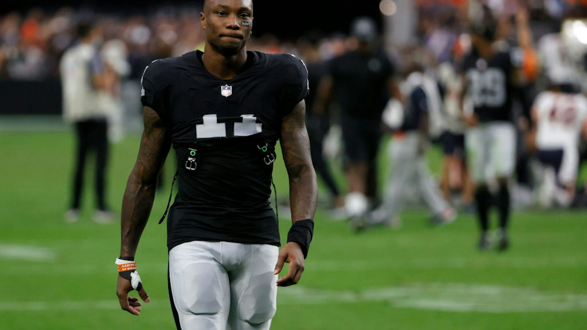 LAS VEGAS, NEVADA - OCTOBER 10: Wide receiver Henry Ruggs III #11 of the Las Vegas Raiders walks off the field after the team's 20-9 loss to the Chicago Bears at Allegiant Stadium on October 10, 2021 in Las Vegas, Nevada. (Photo by Ethan Miller/Getty Images)