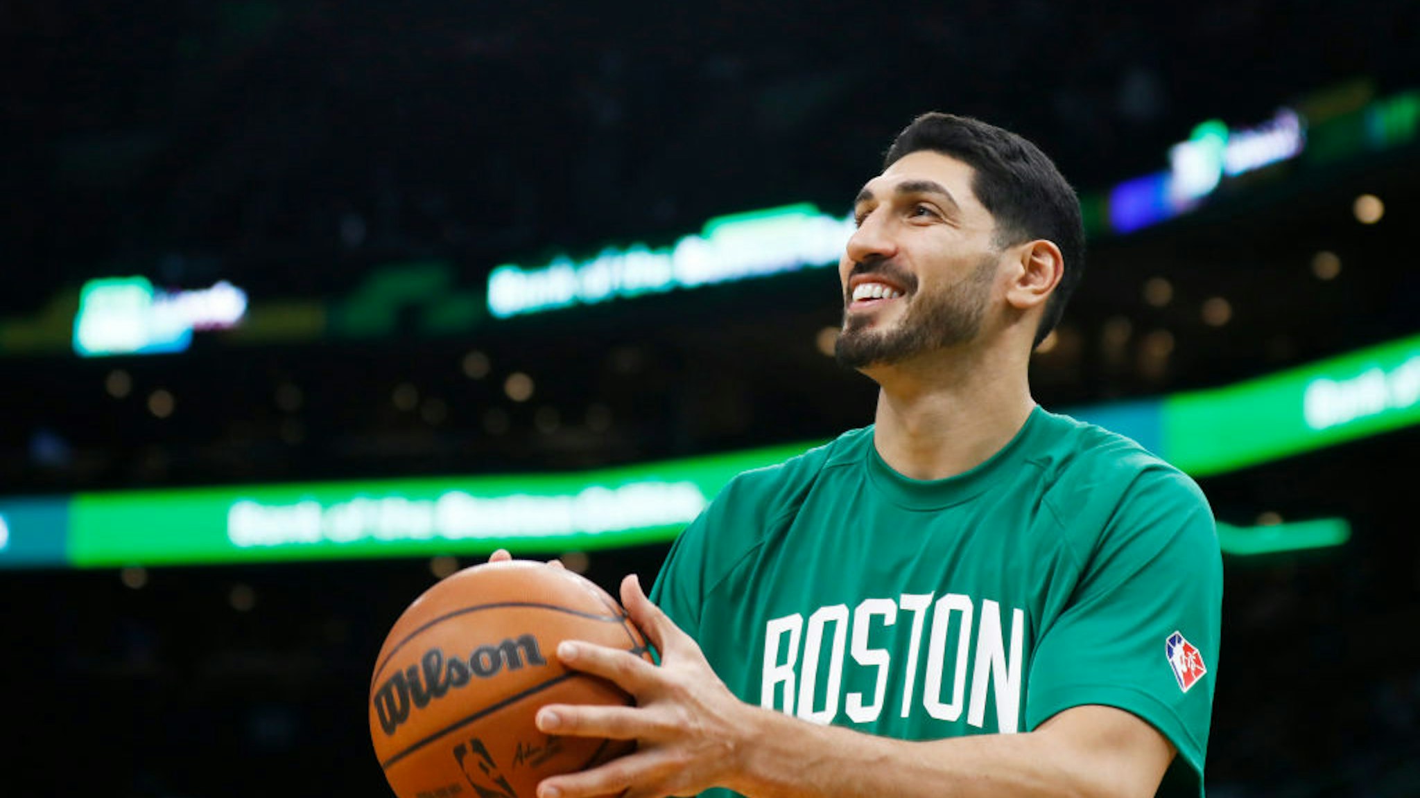 Enes Kanter #13 of the Boston Celtics reacts before the game against the Washington Wizards at TD Garden on October 27, 2021 in Boston, Massachusetts.