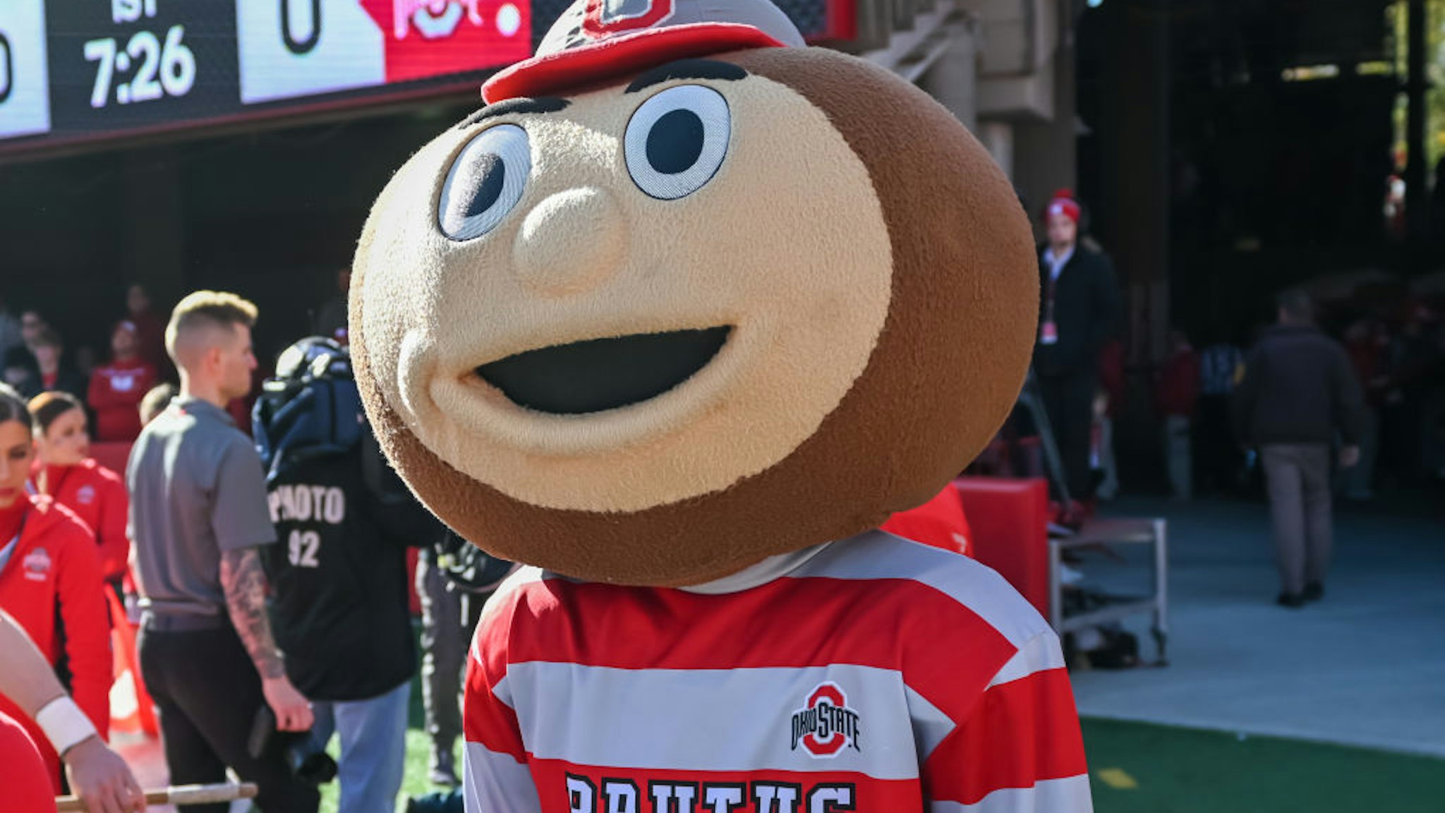 LINCOLN, NE - NOVEMBER 6: The mascot of the Ohio State Buckeyes awaits the start of the game against the Nebraska Cornhuskers at Memorial Stadium on November 6, 2021 in Lincoln, Nebraska. (Photo by Steven Branscombe/Getty Images)