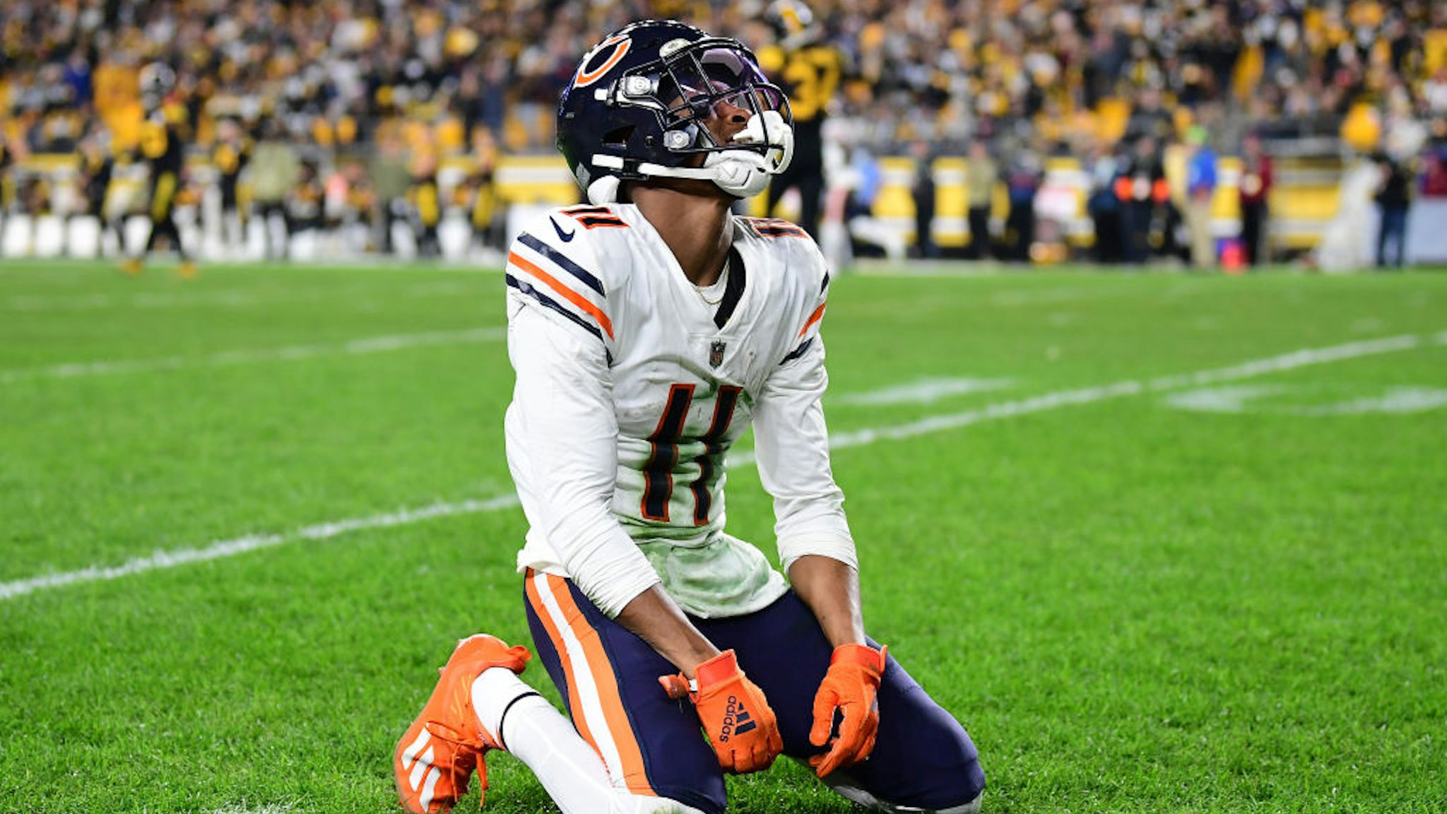PITTSBURGH, PENNSYLVANIA - NOVEMBER 08: Darnell Mooney #11 of the Chicago Bears reacts after an incomplete pass against the Pittsburgh Steelers during the second half at Heinz Field on November 8, 2021 in Pittsburgh, Pennsylvania. (Photo by Emilee Chinn/Getty Images)