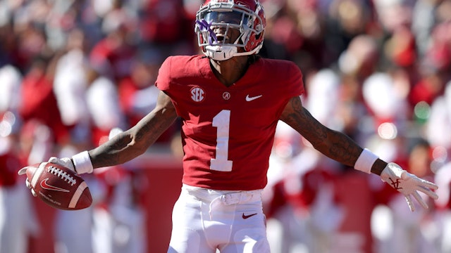 TUSCALOOSA, ALABAMA - NOVEMBER 13: Jameson Williams #1 of the Alabama Crimson Tide reacts after he failed to make a touchdown off of a long reception in the second quarter against the New Mexico State Aggies in the game at Bryant-Denny Stadium on November 13, 2021 in Tuscaloosa, Alabama. (Photo by Kevin C. Cox/Getty Images)