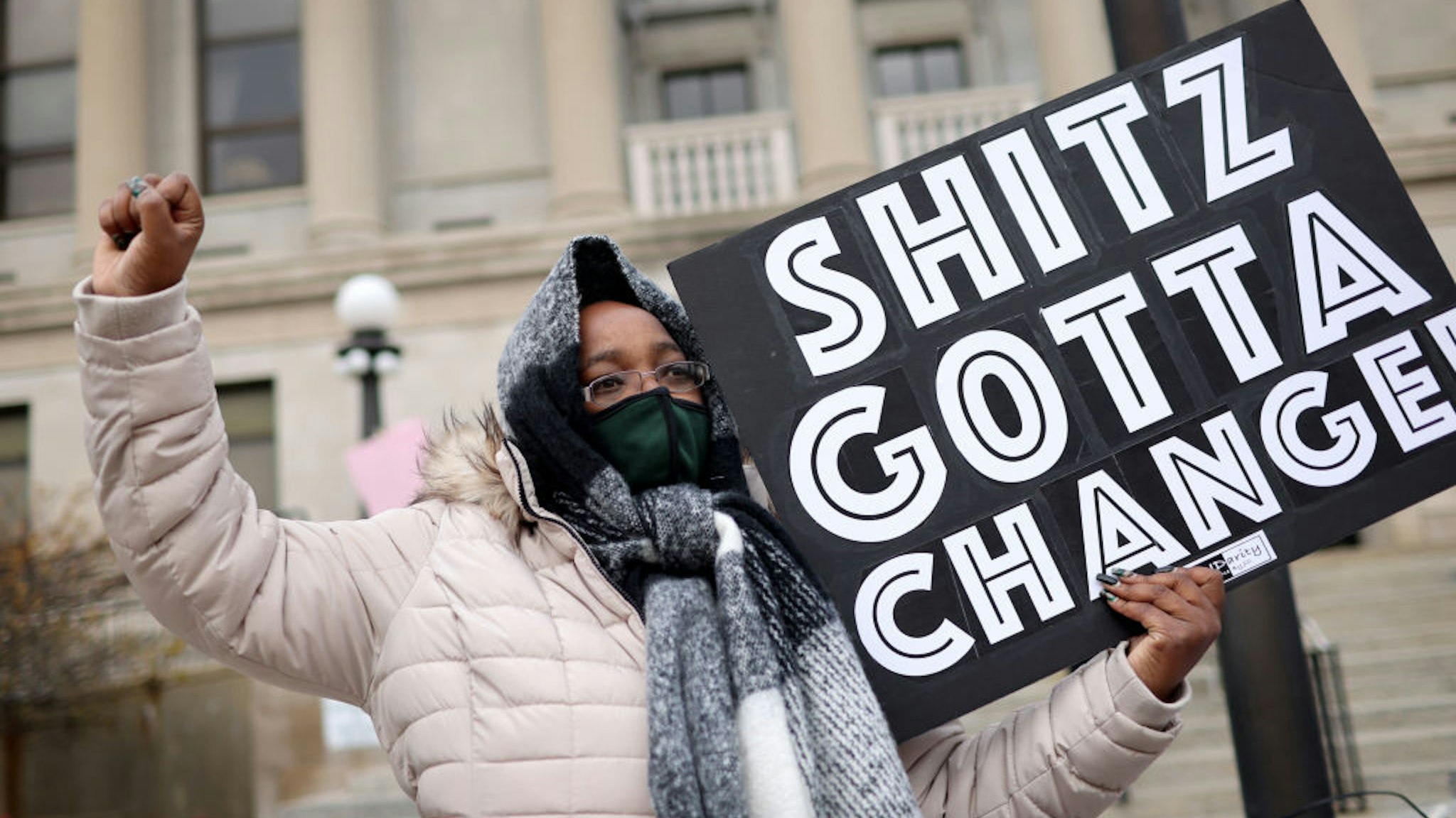 Demonstrators protest outside of the Kenosha County Courthouse as the jury listens to closing arguments in the trial of Kyle Rittenhouse on November 15, 2021 in Kenosha, Wisconsin.