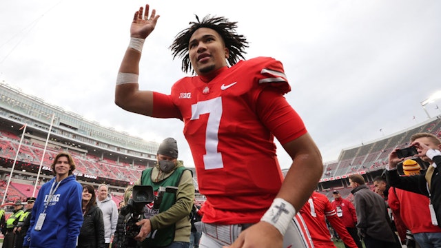 COLUMBUS, OHIO - NOVEMBER 20: C.J. Stroud #7 of the Ohio State Buckeyes leaves the field after a 56-7 win over the Michigan State Spartans at Ohio Stadium on November 20, 2021 in Columbus, Ohio. (Photo by Gregory Shamus/Getty Images)
