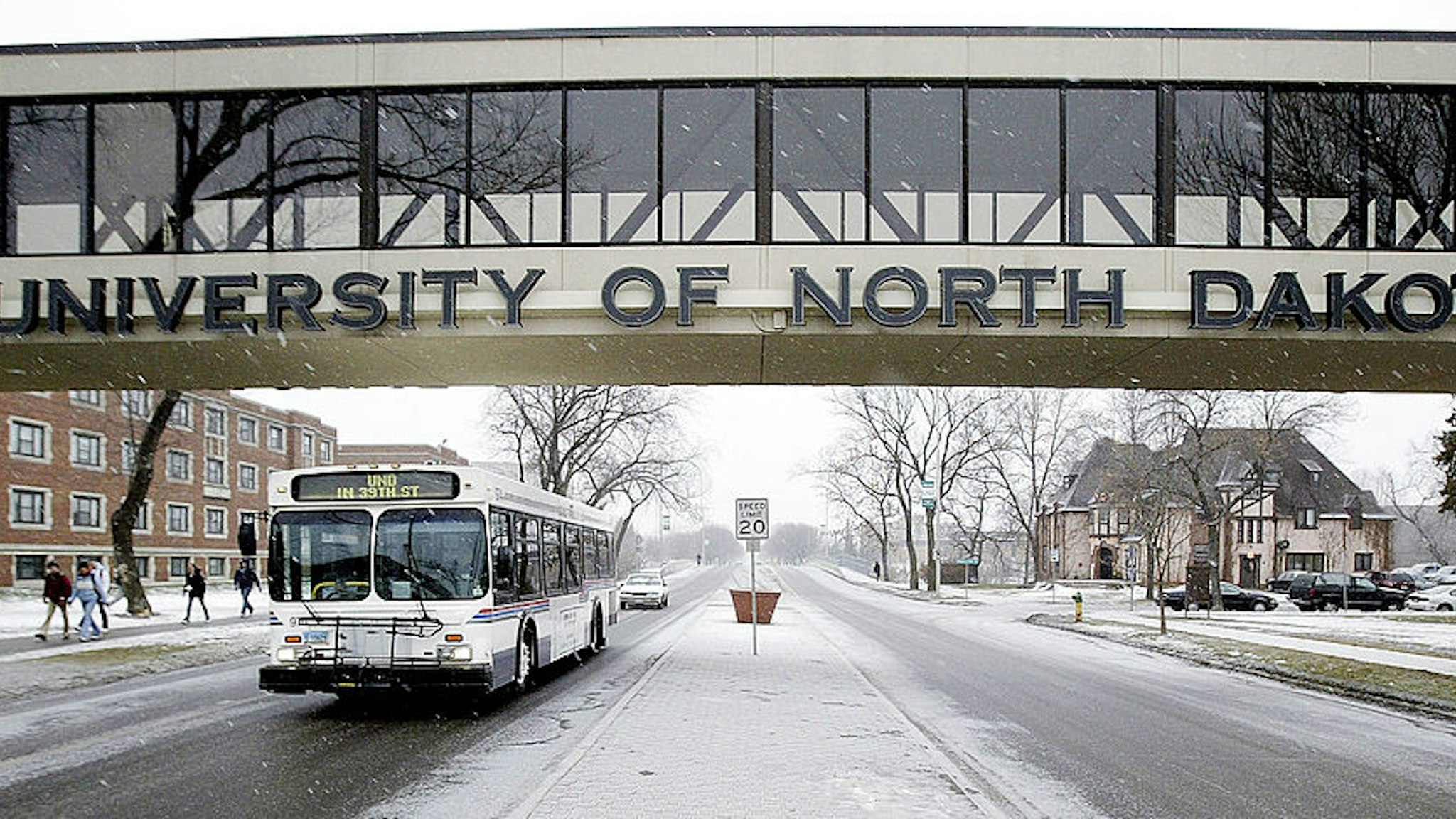 Students walk to class on the campus of the University of North Dakota December 4, 2003 in Grand Forks, North Dakota.